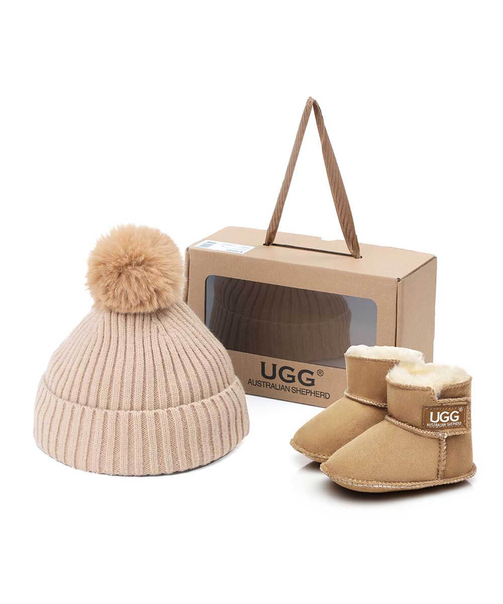 UGG Baby Beanie Bootie Gift Set - Soft Wool Booties & Hat for Newborns & Infants | Perfect Baby Shower Gift & Winter Outfit Accessories