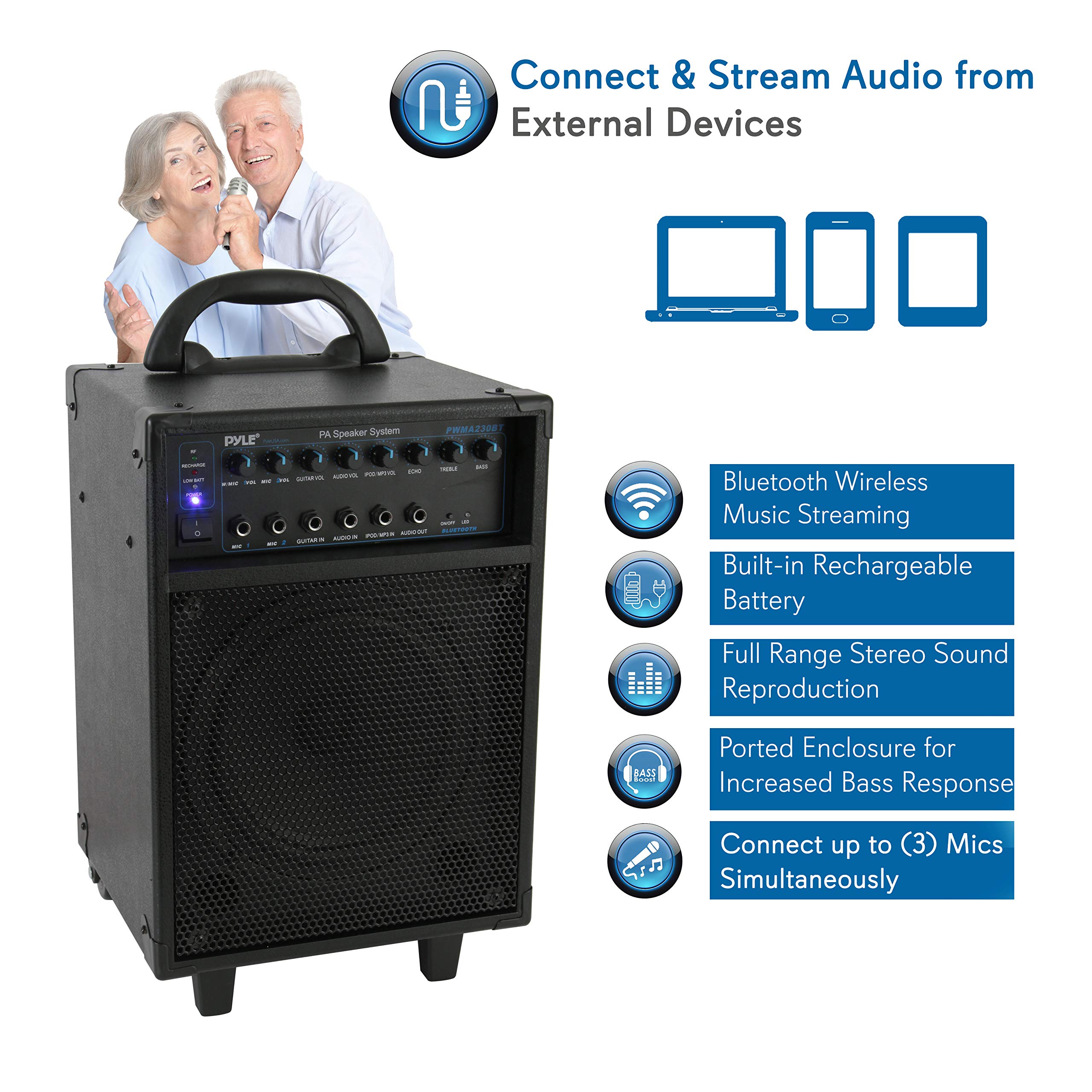 Pyle Wireless Portable PA System - 400W Bluetooth Speaker with Rechargeable Battery, Microphone Set, Wheels & Handle - 1/4