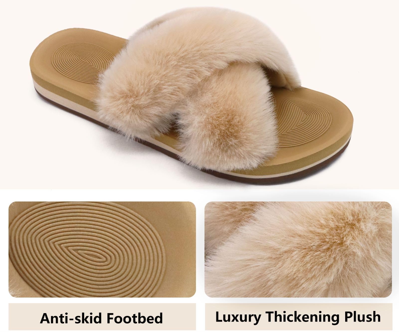 COFACE Women's Fuzzy Slides - Fluffy Faux Fur Cross Slippers with Arch Support, Open Toe House Sandals for Indoor/Outdoor Use - Perfect for Yoga, Lounging & Home Comfort