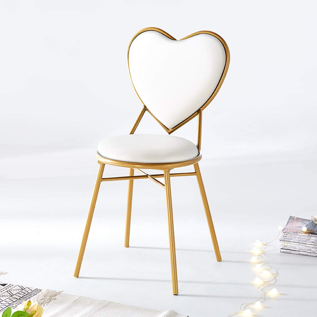 Heart-Shaped PU Leather Dressing Table Stool - Elegant Makeup Chair with Golden Metal Legs for Girls Bedroom, Dining Room & Vanity Area - White PU Leather Upholstery
