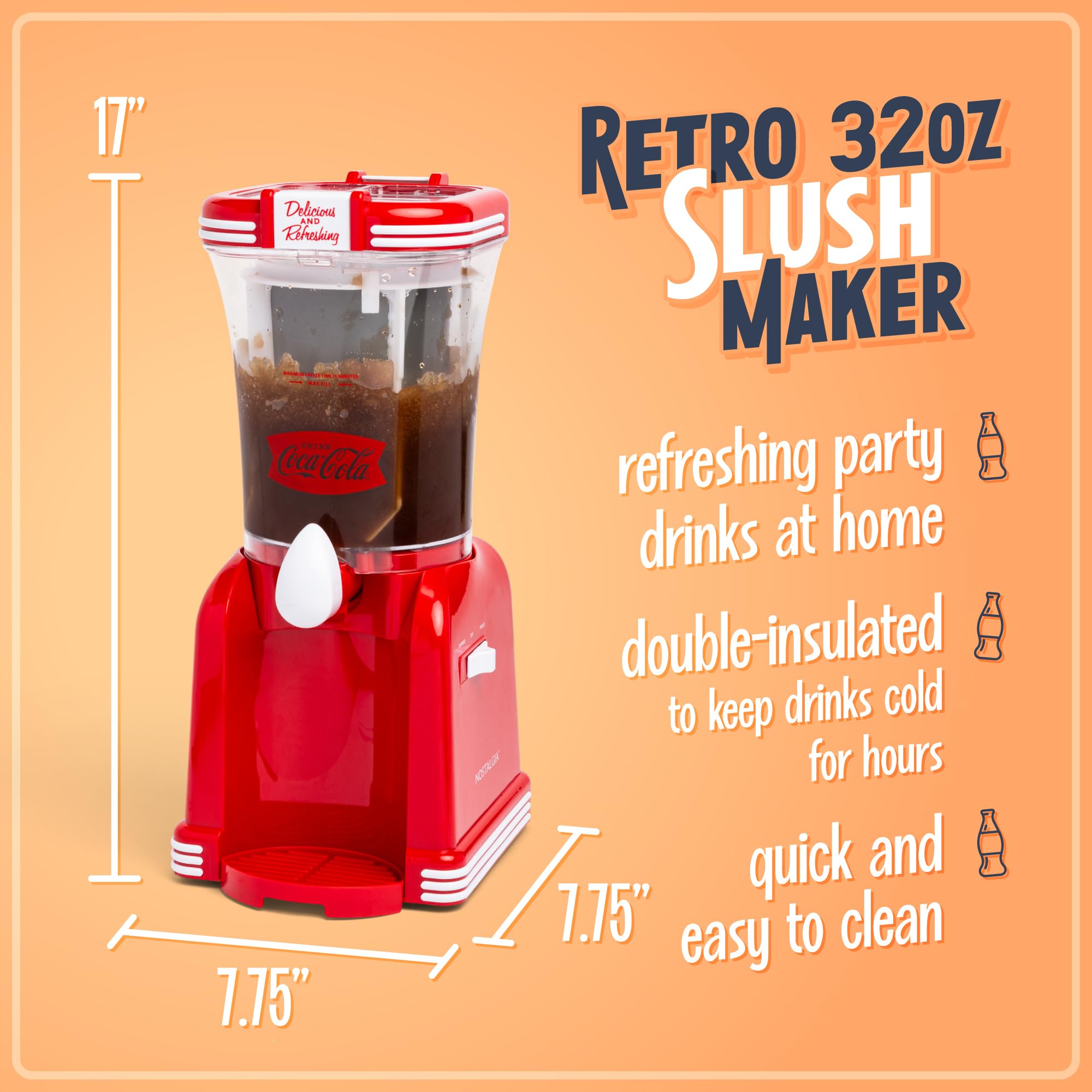 Nostalgia Coca-Cola Slushy Maker & Margarita Machine - 32oz Frozen Drink Maker with Stainless Steel Spout - Double Insulated & Easy Clean - Red - Perfect for Home Parties, BBQs & Summer Refreshments