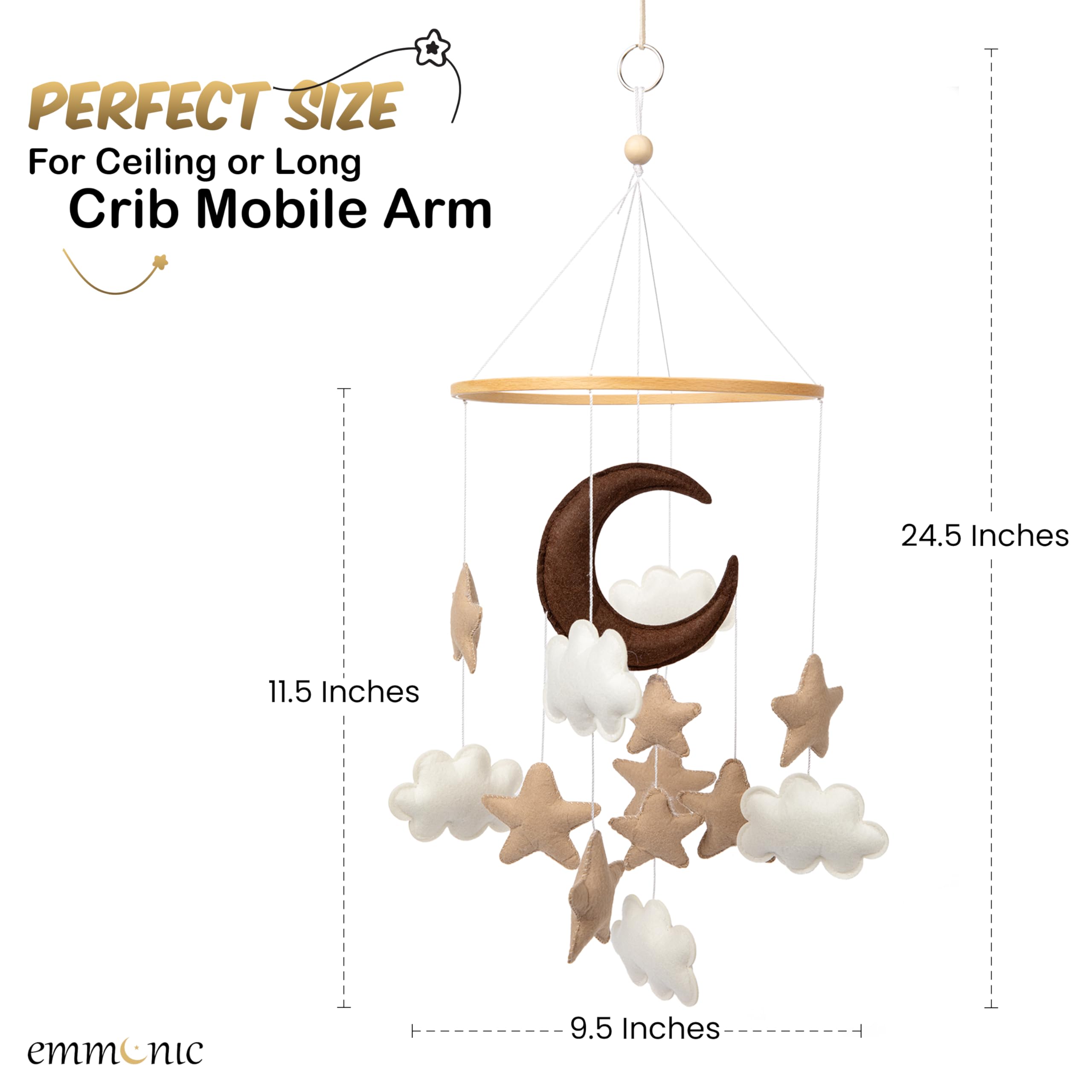 Brown Moon Stars & Beige Clouds Felt Baby Crib Mobile - Gender Neutral Nursery Decor for Boys & Girls - Modern Boho Crib Mobile for Baby Showers, Newborn Photography & Nursery Room Decor