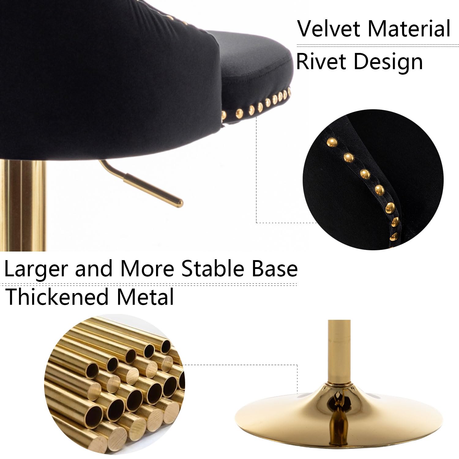 Gold Velvet Bar Stools Set of 4 - Swivel Counter Height Barstools with Nailhead Trim & Button Tufting - Adjustable Stools for Kitchen Island, Pub, Club - Perfect for Home Bar, Dining Room & Entertainment Areas (Black)