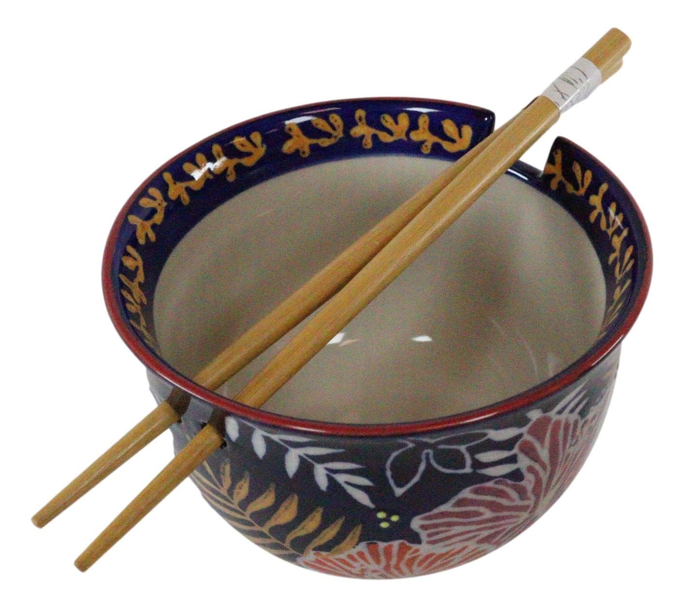 Ebros Blue Ceramic Ramen Bowl with Built-in Chopstick Rest - Floral and Leaf Design Porcelain Noodle Soup Rice Dish - Includes Bamboo Chopsticks - Perfect for Asian Cuisine, Udon, Pho, and Home Dining