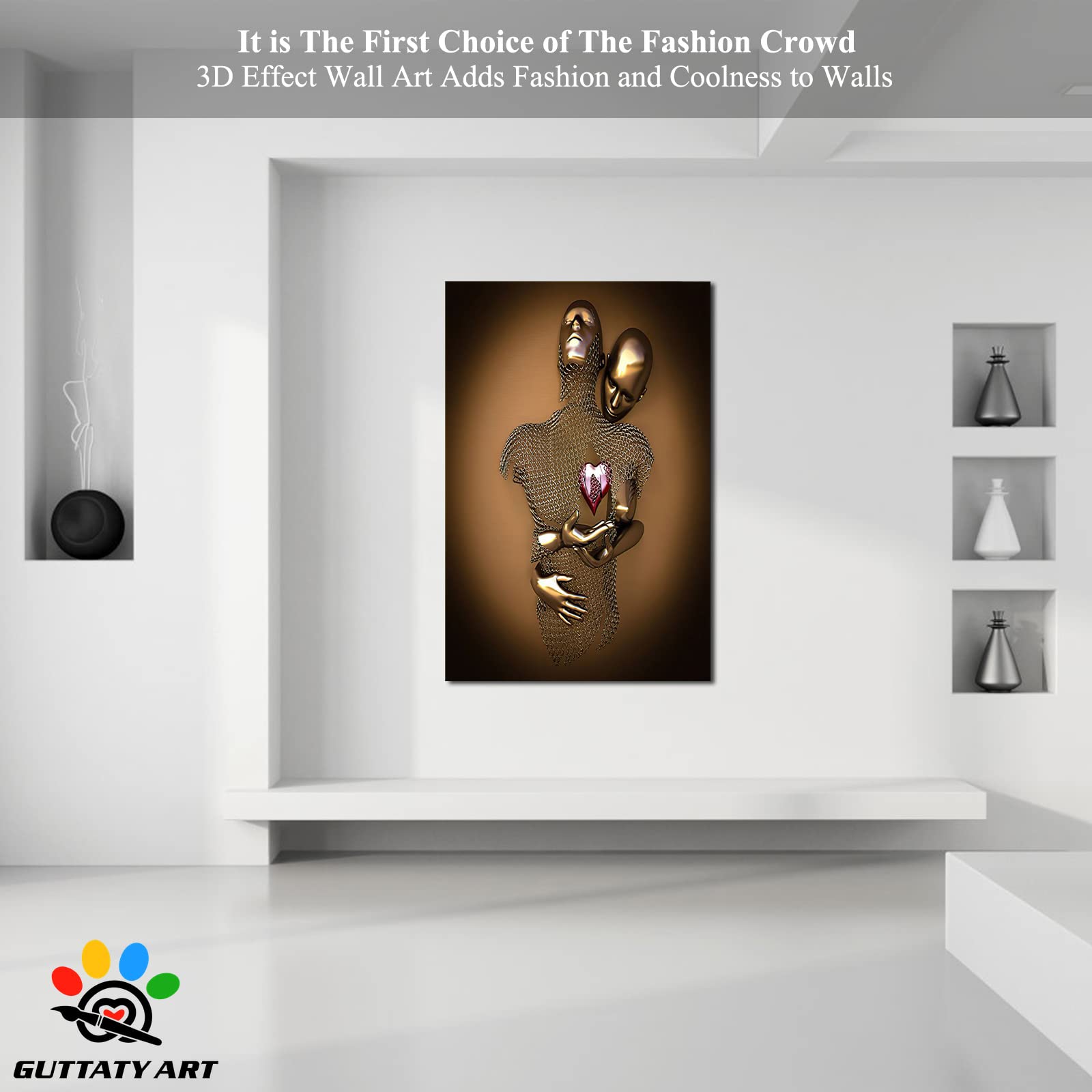 3D Metal Effect Love Heart Gray Gold Canvas Wall Art - Romantic Hugging Couple Painting for Bedroom & Living Room Decor - Valentine's Day Gift for Couples (32x48 Inches) - Perfect for Anniversary, Wedding & Home Interior Design