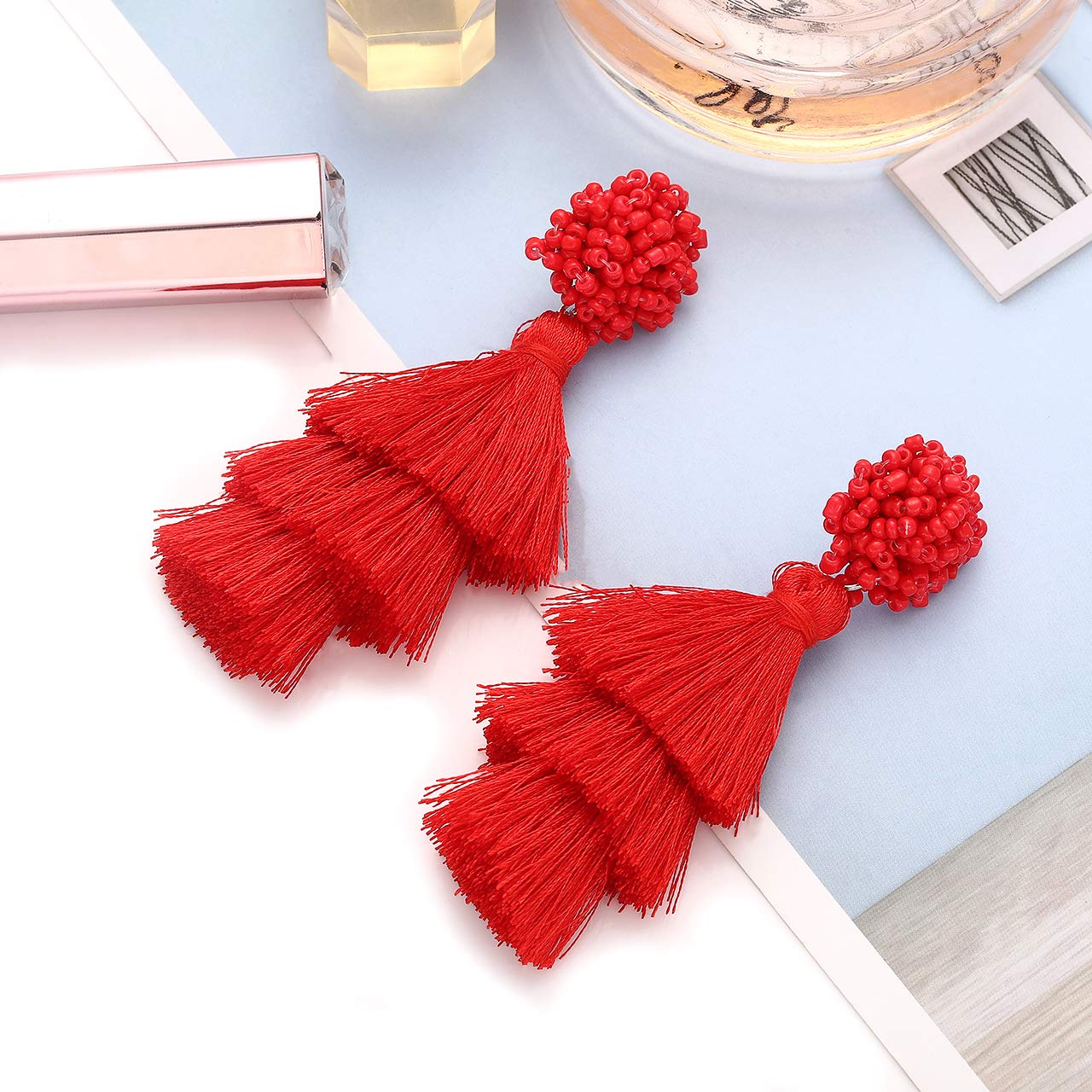 Bohemian Layered Tassel Earrings for Women - Lightweight Colorful Beaded Drop Dangle Earrings with Long Fringe Threads - Perfect Statement Jewelry Gift for Parties, Weddings and Everyday Wear