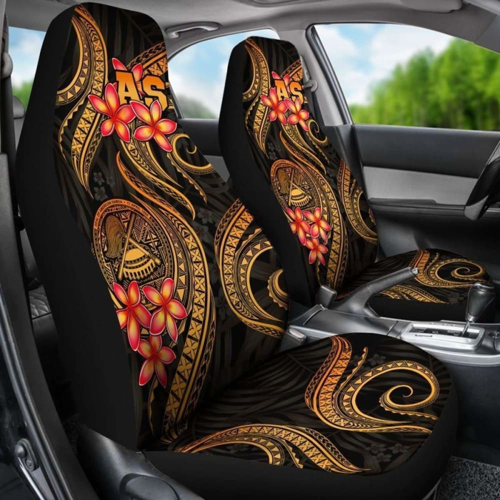 Premium American Samoa Polynesian Car Seat Covers - Gold Plumeria Floral Design (Model 105905) | Waterproof & Universal Fit for Cars, Trucks & SUVs | Tropical Car Accessories for Beach Trips & Summer Road Travel
