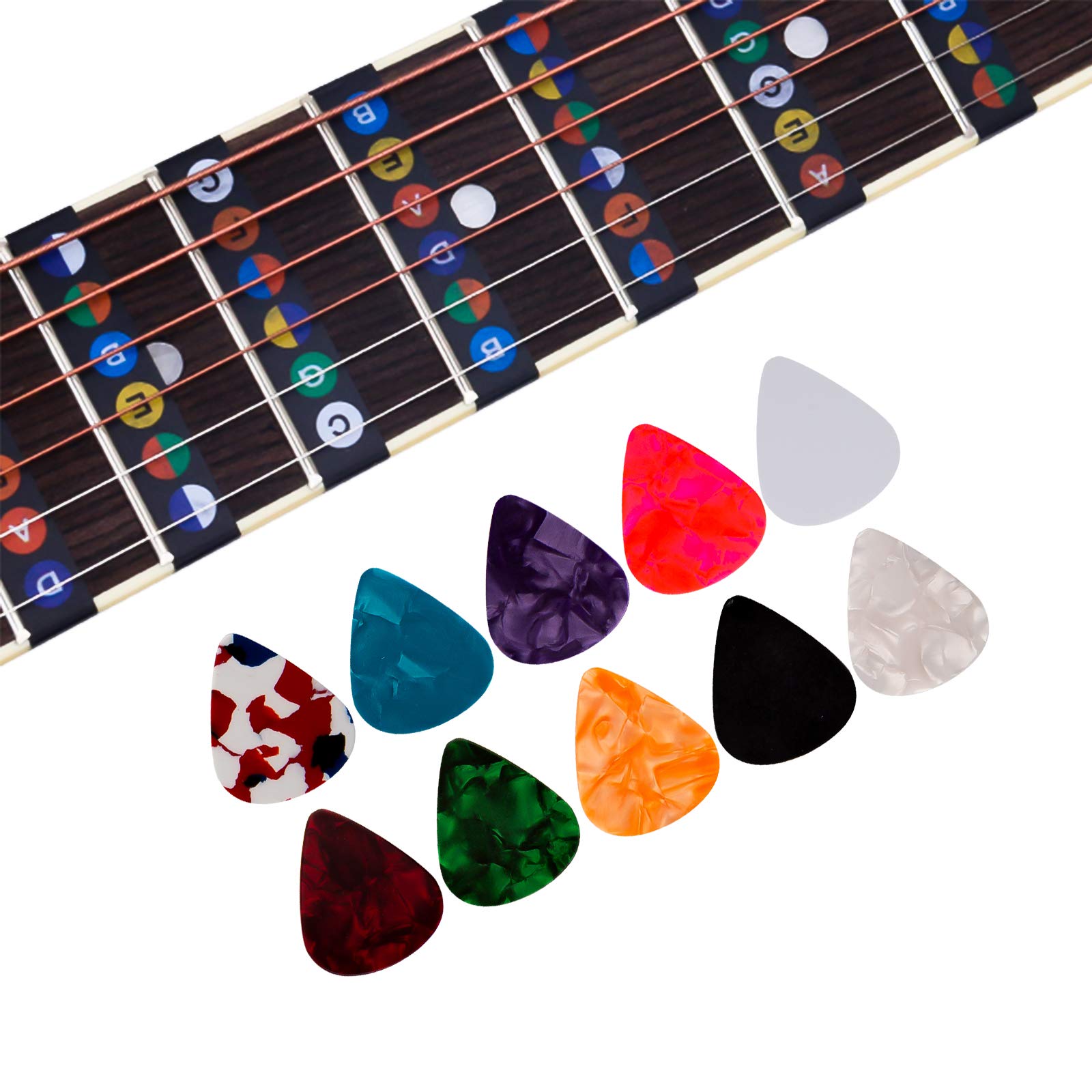 LUTER 2-Piece Guitar Fingerboard Stickers with 10 Guitar Picks & 6 Acoustic Strings - Beginner Fretboard Note Decals for Easy Learning | Perfect for Practice, Lessons & Home Music Sessions