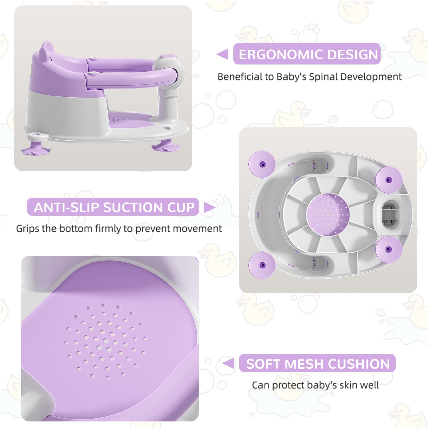 Non-Slip Baby Bath Seat for Infants 6-24 Months | Safe Toddler Bathtub Chair with 4 Suction Cups & Soft Cushion | Lavender Shower Seat for Newborns Learning to Sit | Perfect for Bath Time Safety & Comfort