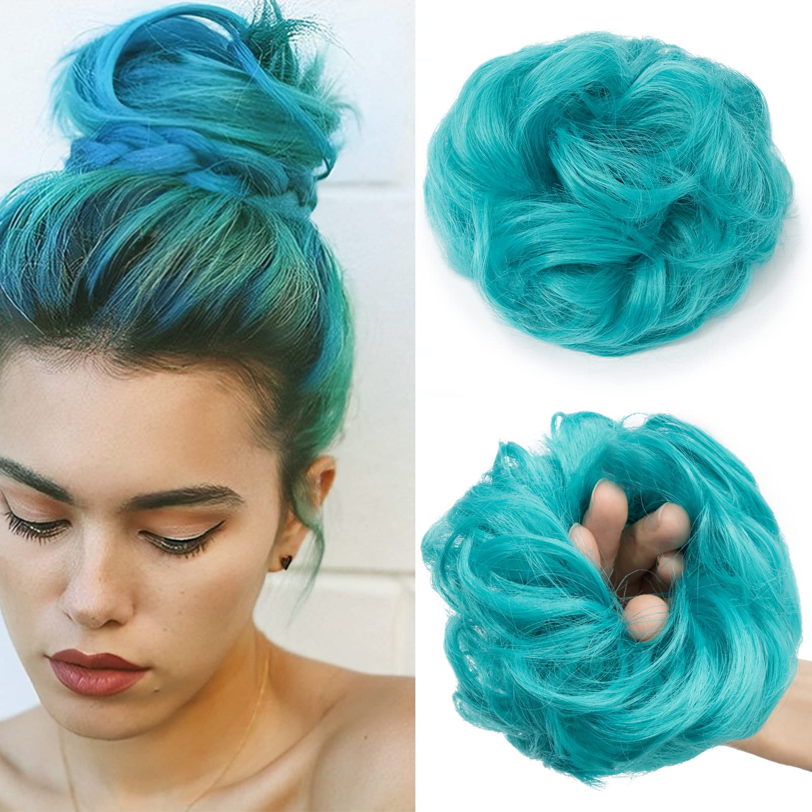 Cybelleza Scrunchy Bun Updo Hairpiece - Wavy Curly Messy Hair Donut for Ponytail Extensions (Lake Blue) | Perfect for Bridal, Prom, Party & Everyday Hairstyles
