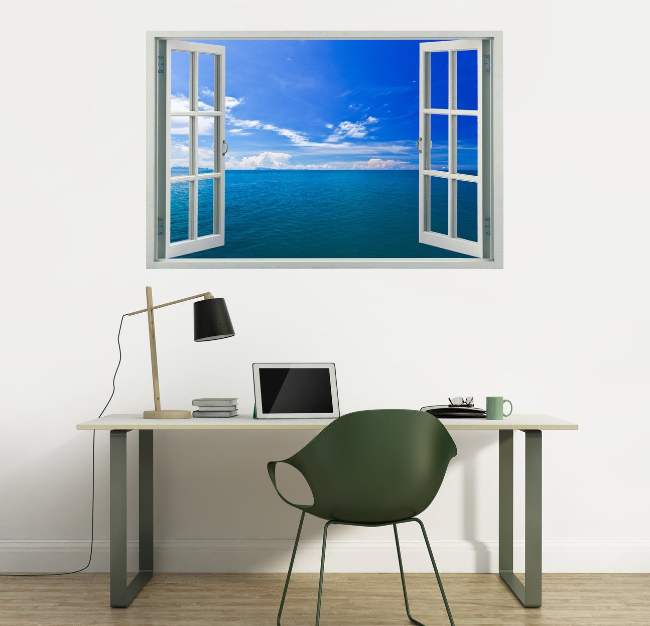 Peel & Stick Fake Window Wall Decal - Blue Seascape & Sky Scenery (48x32 Inches) | Self-Adhesive Removable Wall Art for Home, Office & Nursery Decor