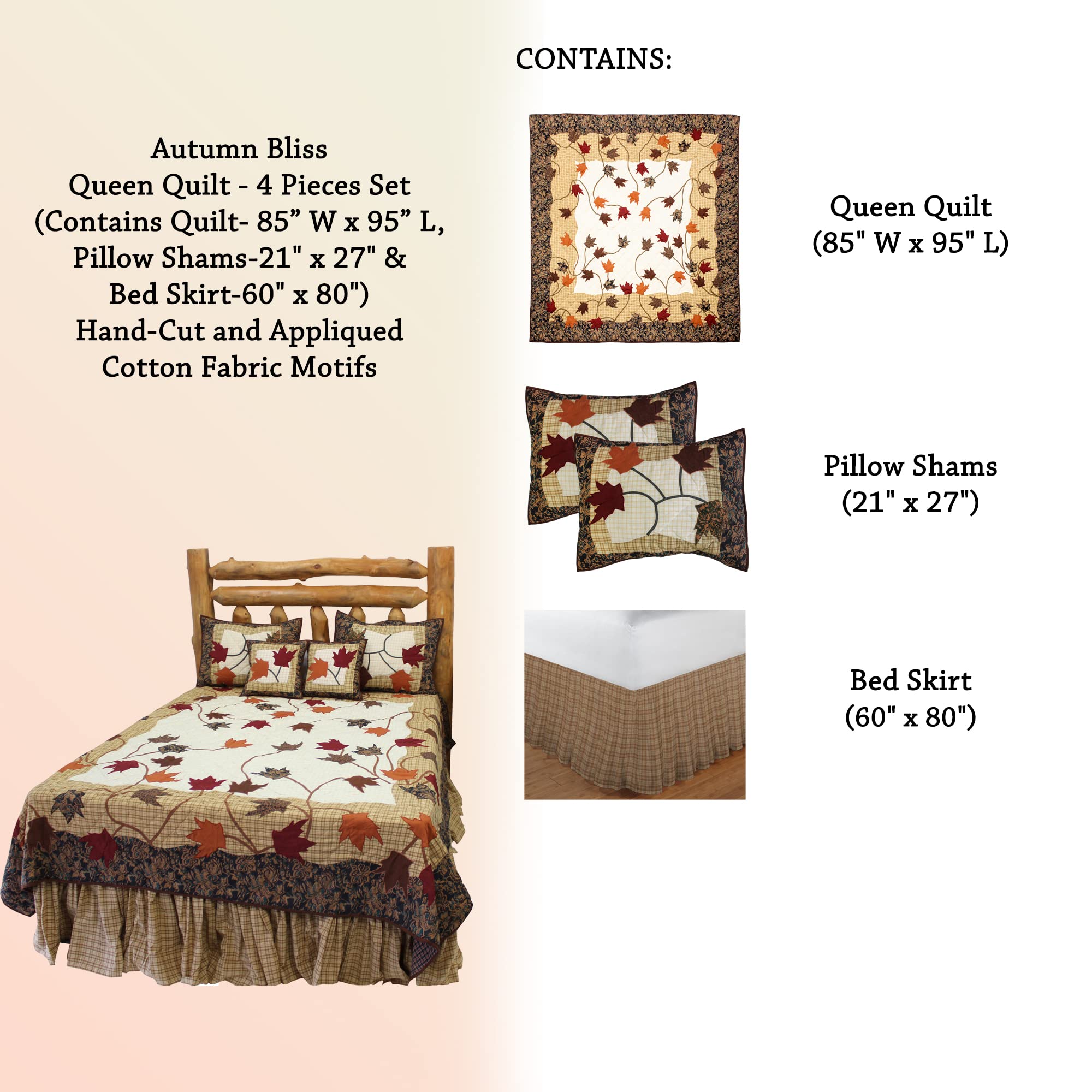 Autumn Bliss Queen Quilt Set - 4 Piece Cotton Bedding (85x95 Quilt, 21x27 Pillow Shams, 60x80 Bed Skirt) with Hand-Cut Applique Designs | Cozy Fall Bedroom Decor for Master Suite or Guest Room