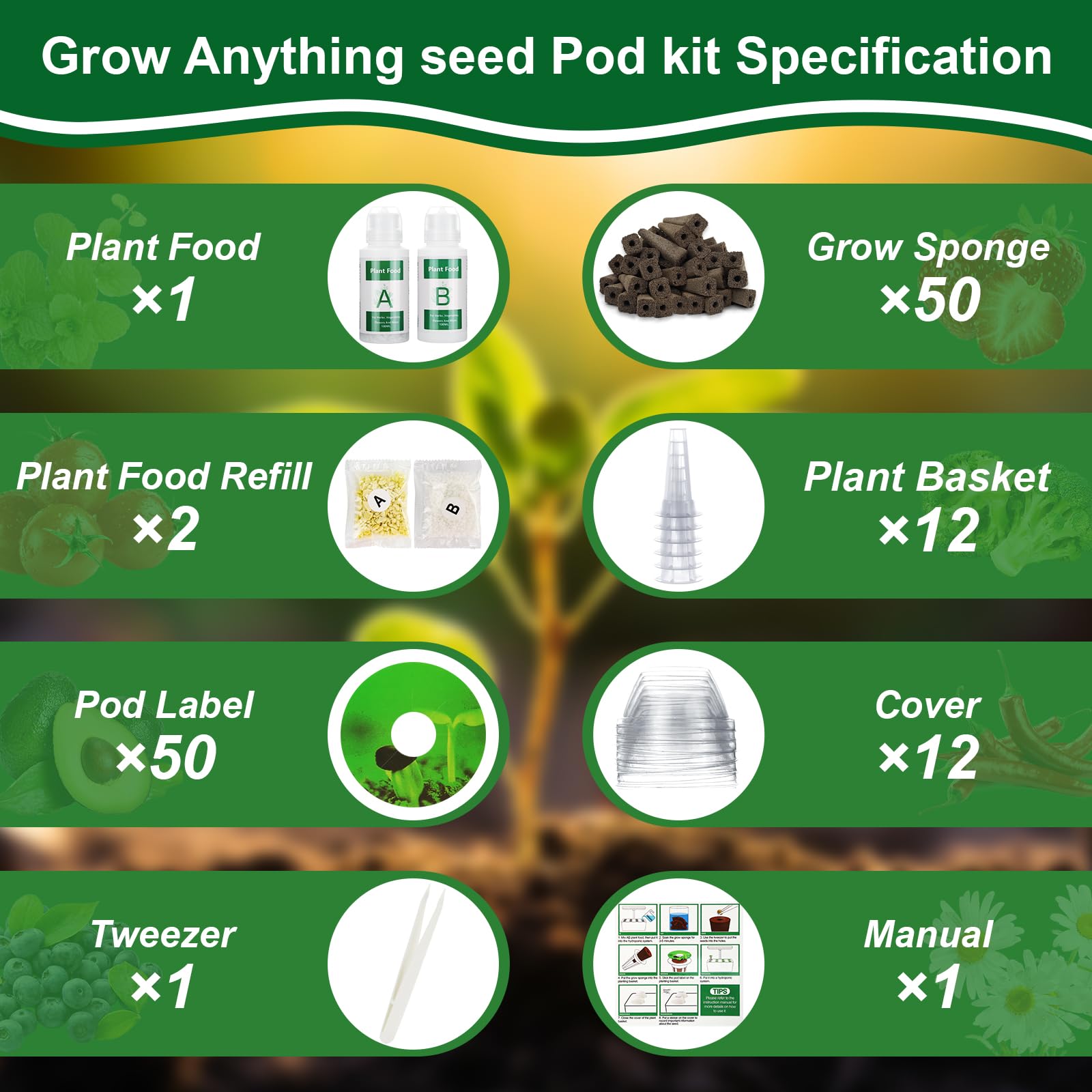 129pcs Hydroponic Seed Pods Kit for AeroGarden - Complete Grow Anything Kit with 50 Sponges, 4 A&B Nutrients, 50 Labels, 12 Domes, 12 Baskets & Tweezers | Indoor Herb Garden Starter Kit for Fresh Basil, Mint & Vegetables