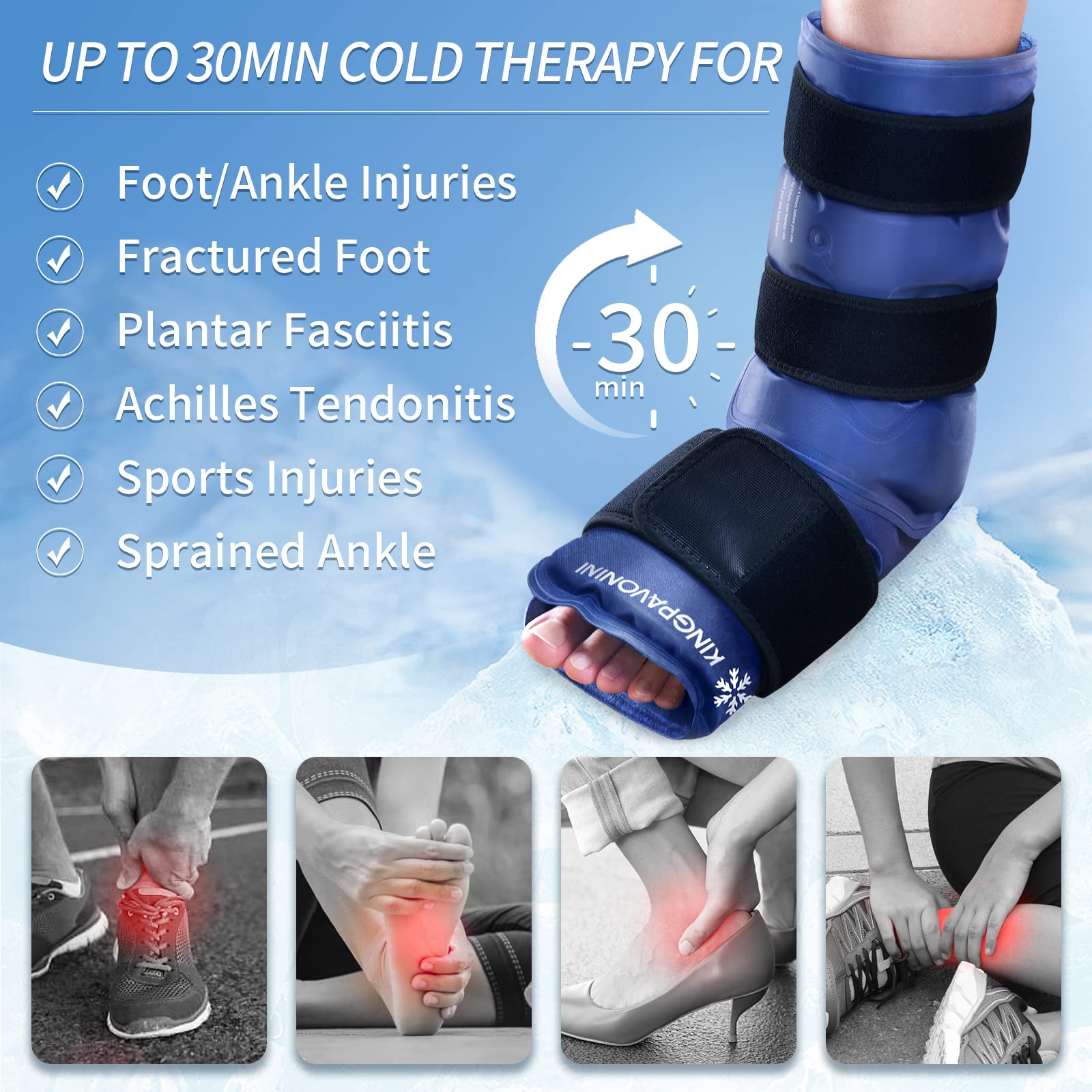XXL Reusable Gel Ice Pack Wrap for Ankle & Foot Injuries - Plantar Fasciitis, Achilles Tendonitis, Sprained Ankles Relief - Full Coverage Cold Therapy Wrap for Pain, Swelling & Recovery (Blue) - Perfect for Post-Workout, Sports Injuries & Post-Surgery Recovery