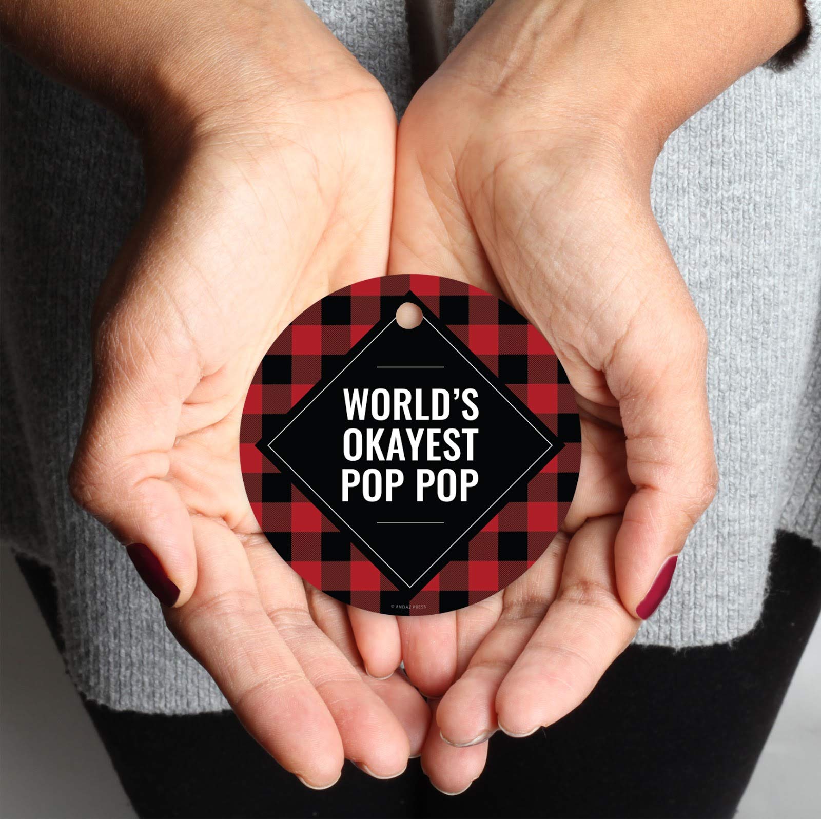 Funny Round Metal Christmas Ornament - World's Okayest Pop Pop Gift - Buffalo Red Black Plaid Design - 1-Pack with Ribbon & Gift Bag - Perfect for Tree Decor, Stocking Stuffers & Holiday Gifts