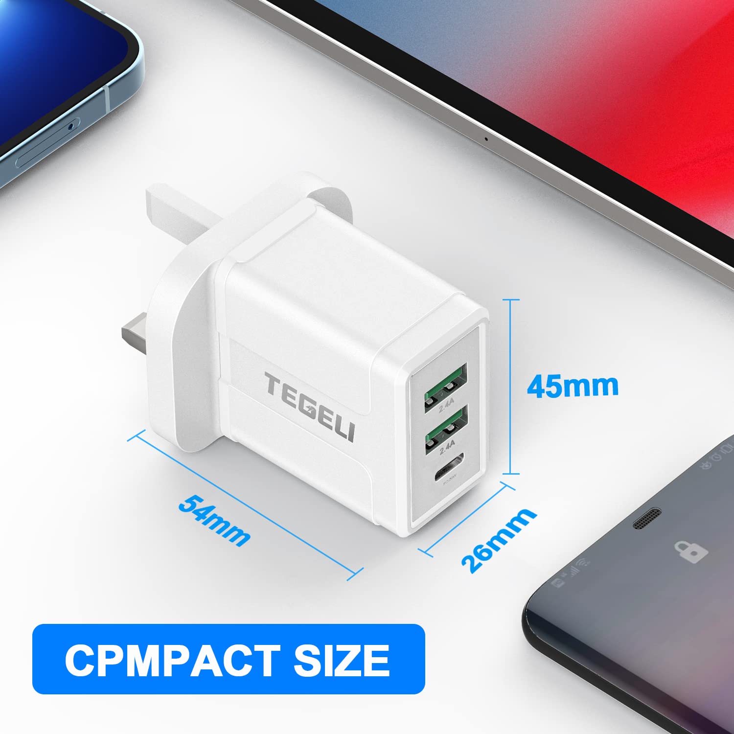 2 Pack UK 3 Pin USB Wall Charger - Rekavin Triple Port Fast Charger Adapter 5V/2.4A for iPhone 11/Pro/10/XS/XR/8/7/6/5, iPad, Samsung - Compact Multi USB Charger Plug for Home, Office & Travel