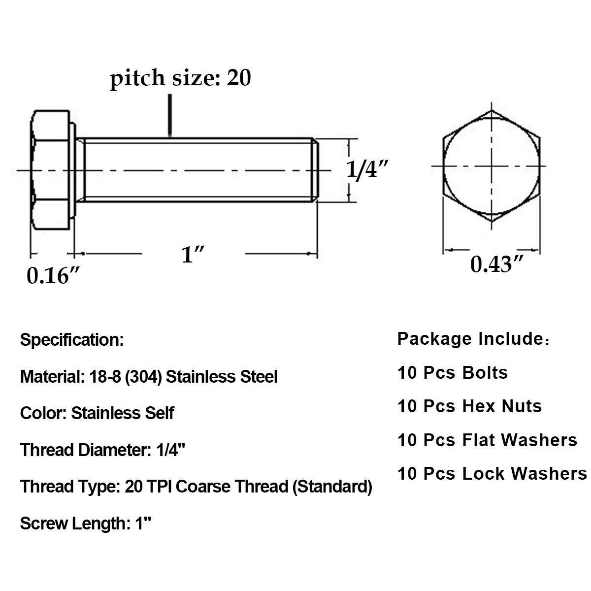 1/4-20x1 Stainless Steel Hex Screws & Nuts Kit (10 Sets) - for DIY & Repairs
