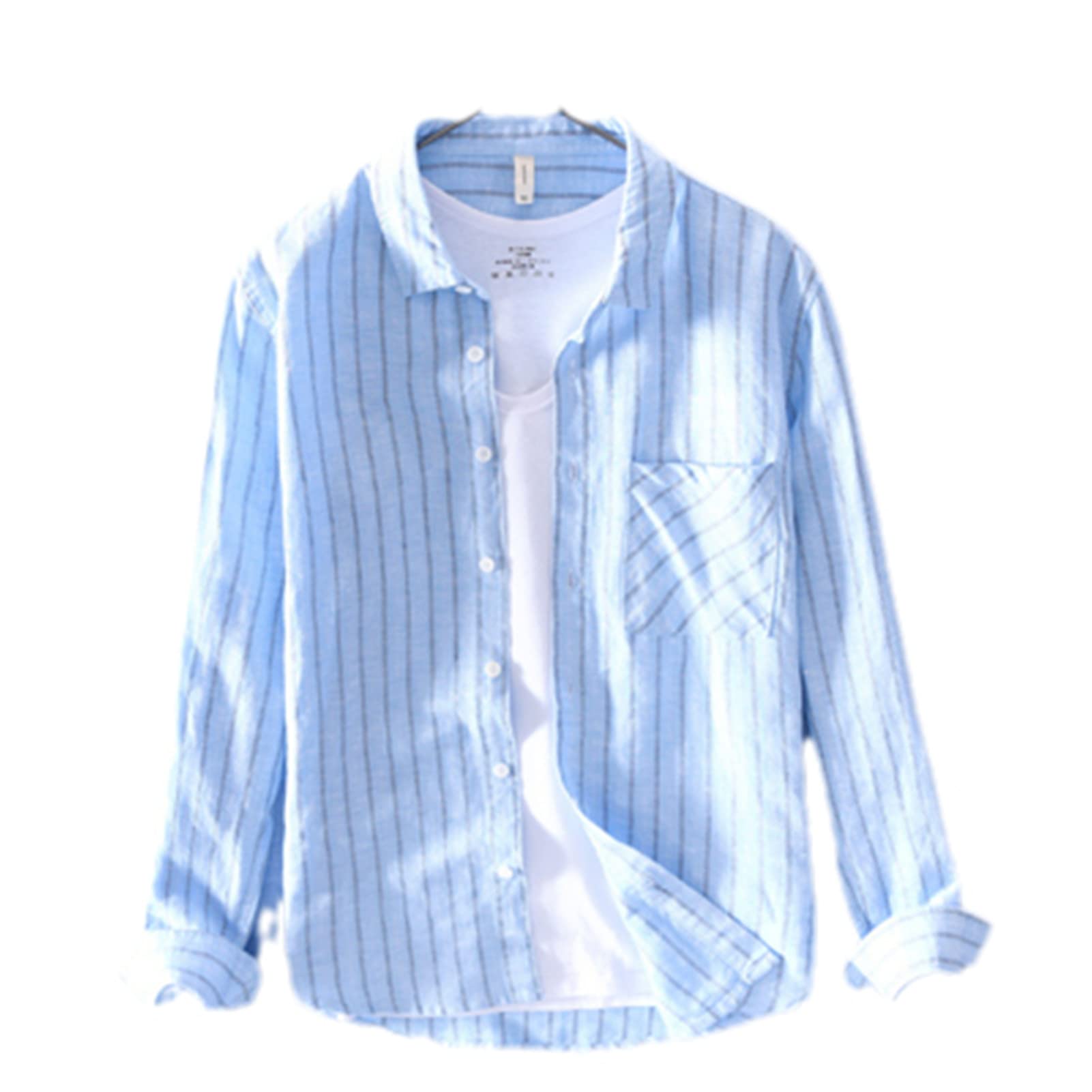 Men's Spring Linen Cotton Striped Long Sleeve Shirt - Breathable Comfortable Button Down Top with Pocket for Casual Wear & Outdoor Activities