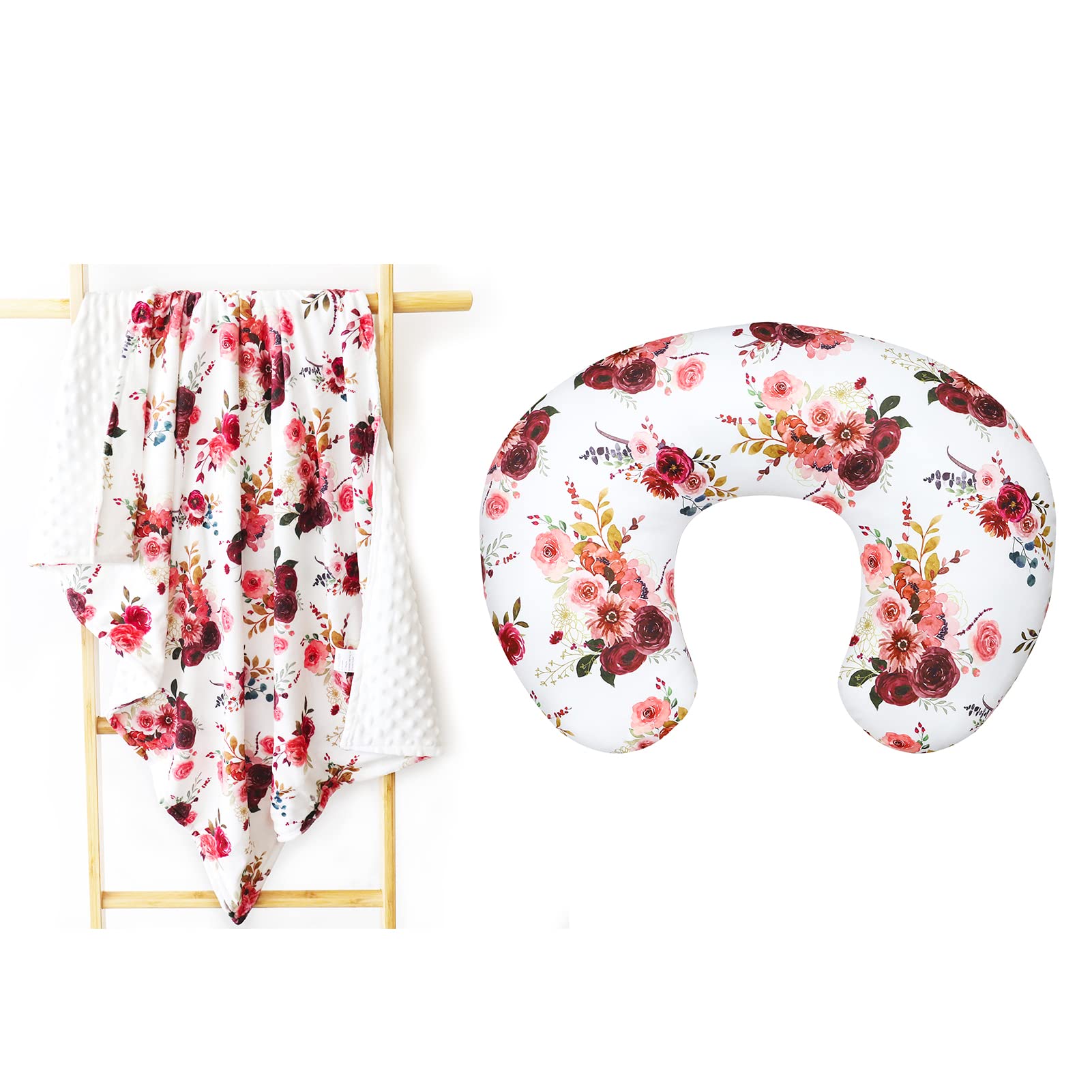 Floral Baby Minky Blanket and Nursing Pillow Covers for Girls - Soft Infant Nursery Blankets & Breastfeeding Pillow Slipcover - Burgundy Purple Watercolor Flower Design - Perfect for Nursery Decor, Baby Shower Gifts, and Breastfeeding Comfort