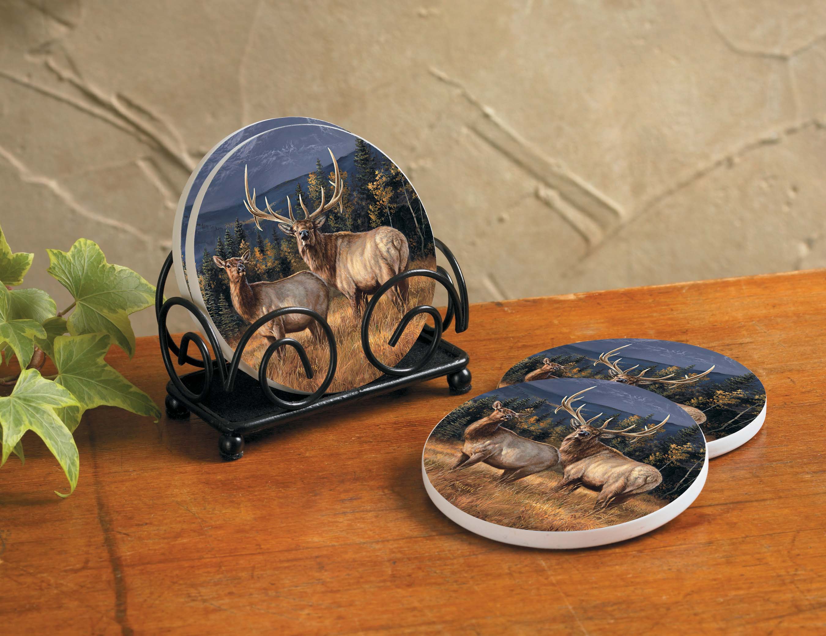 Premium Elk Coasters Set of 4 - Natural Wood Drink Coasters for Coffee Table, Bar & Home Decor - Absorbent & Protective for Glasses & Mugs