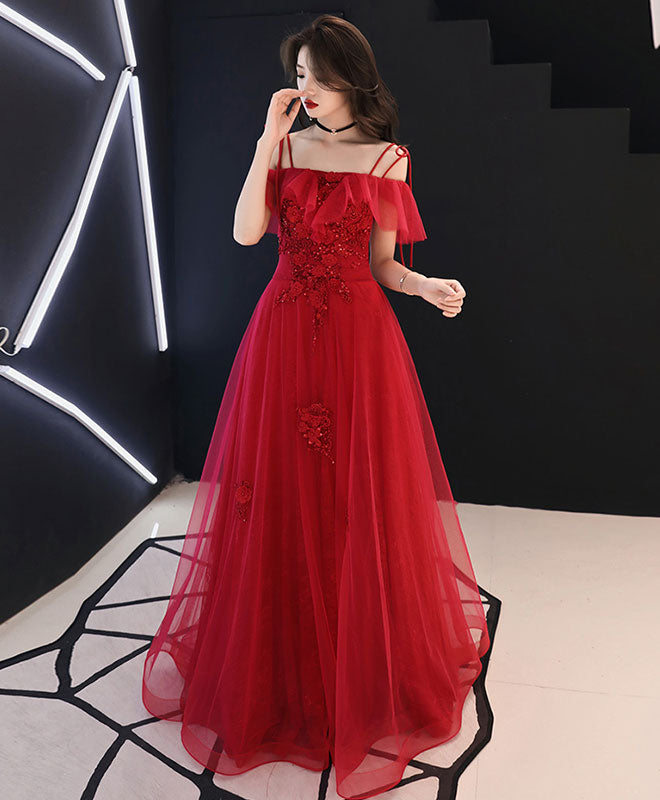 Elegant Burgundy Tulle Lace Long Prom Dress & Evening Gown for Women - Perfect for Homecoming, Formal Dances, Weddings and Special Occasions