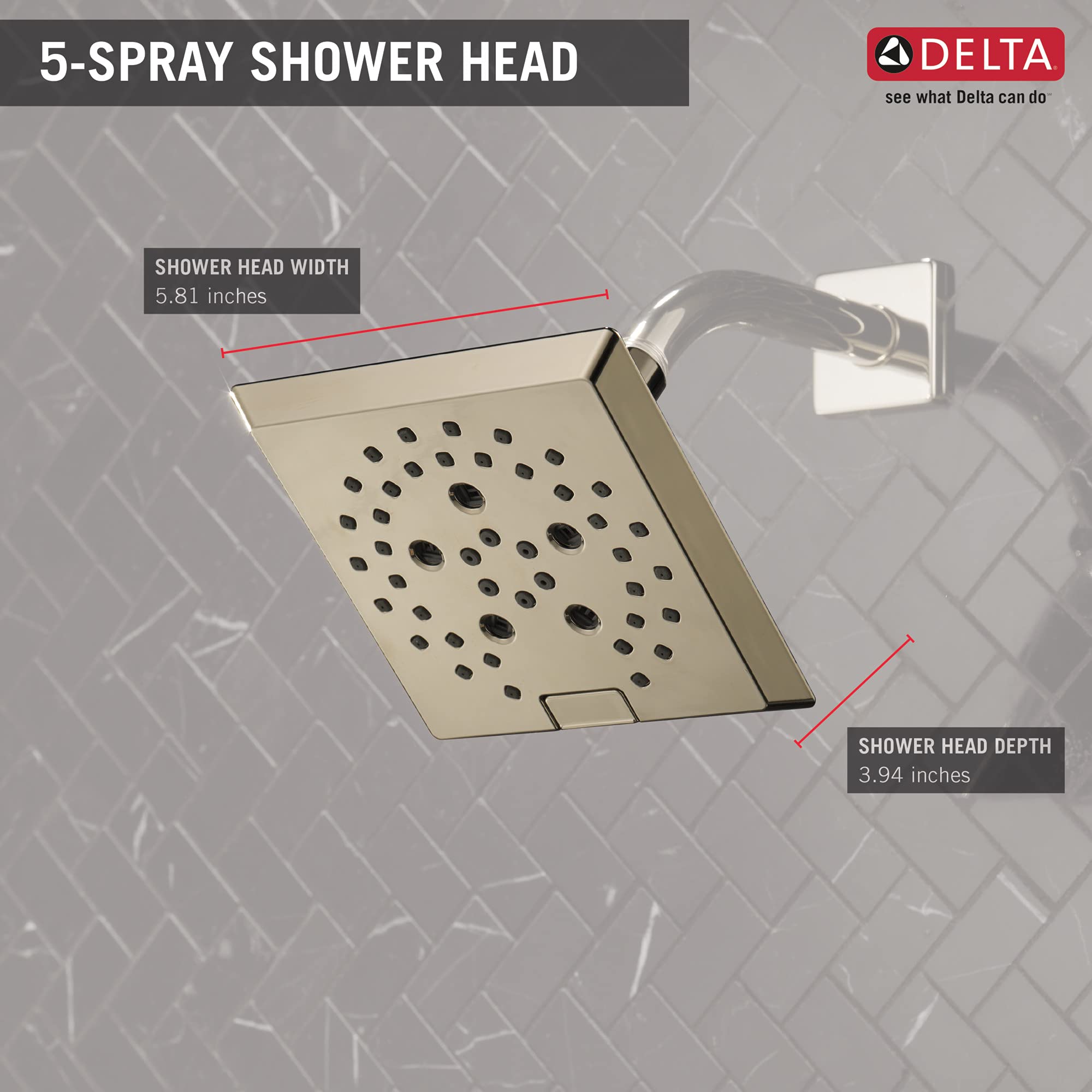 Delta 5-Spray H2Okinetic Raincan Shower Head - Polished Nickel, Square Water Saving Showerhead with Lumicoat Finish (Model 52664-PN-PR) for Spa-Like Bathroom Experience & Energy Efficient Home Upgrade