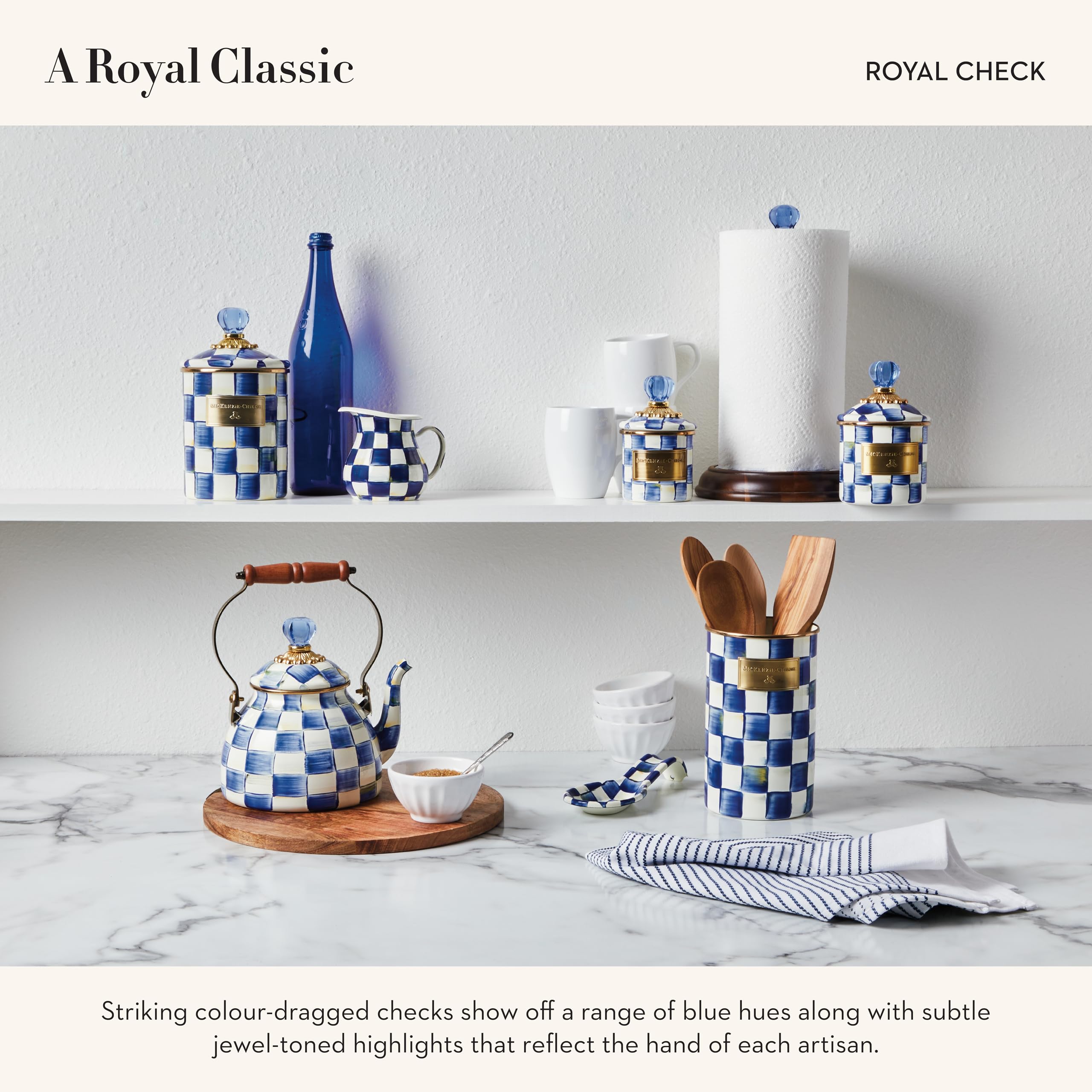 MACKENZIE-CHILDS Large Enamel Canister - 1.89L Kitchen Storage Container for Flour, Sugar & Dry Goods - Blue & White Royal Check Design - Perfect for Pantry Organization & Farmhouse Decor