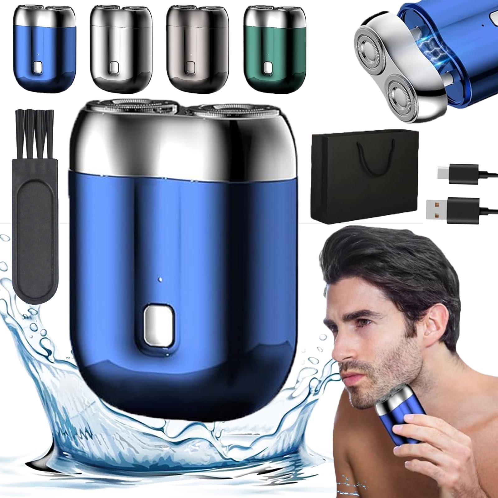 Jacooba Electric Razor for Men - 2025 Upgraded Mini Dual-Head Shaver with Double-Ring Magnetic Cutter, Portable & Washable - Perfect for Travel, Gym & Daily Shaving (Blue)
