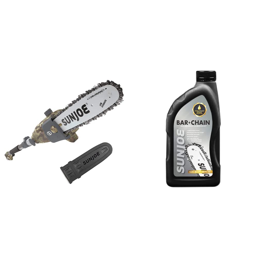 Sun Joe 10 Inch 8.0 Amp Electric Multi-Angle Pole Chainsaw with Camo & SWJ-Oil Premium Bar - All Season Universal Chainsaw Chain Lubrication Oil (1 Quart) - Perfect for Tree Trimming, Pruning, and Yard Maintenance