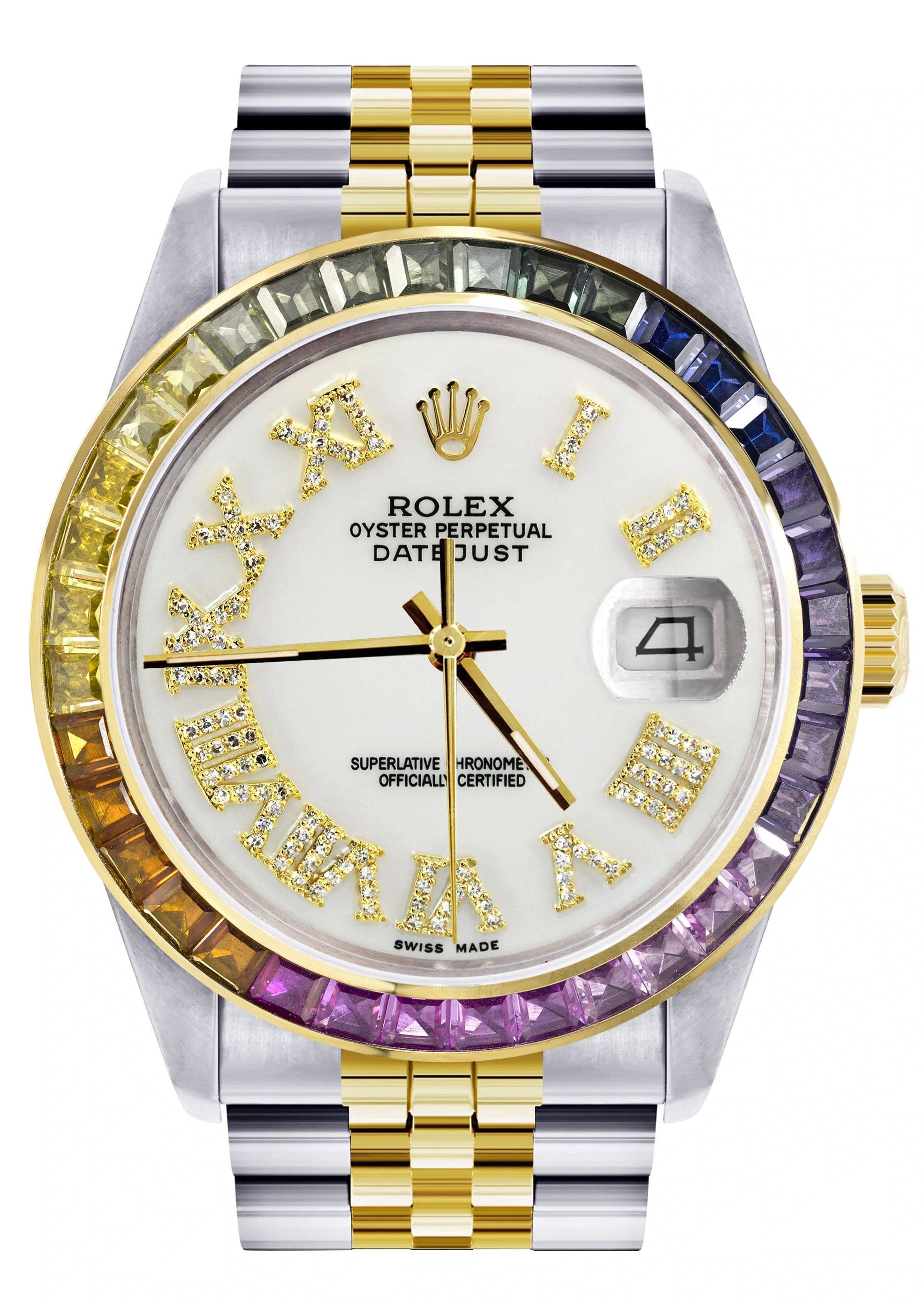 Luxury Diamond Gold Rolex Watch for Men 16233 | 36mm Rainbow Sapphire Bezel | Diamond White Roman Dial | Jubilee Bracelet | Perfect for Formal Events & Luxury Gifts