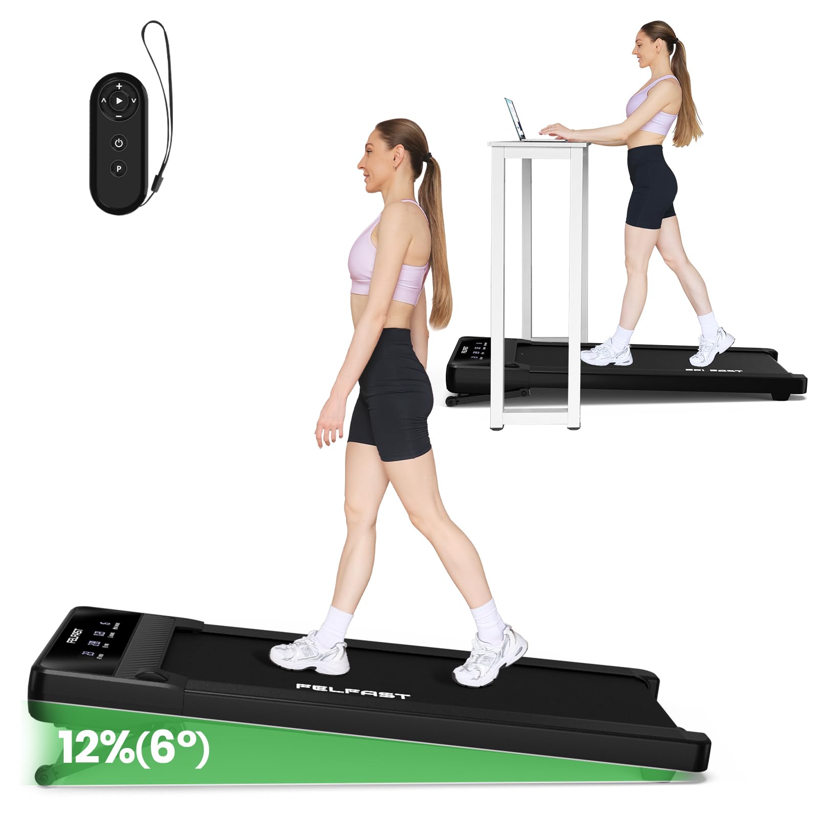 Under Desk Treadmill with 12% 6° Auto Incline - 450Lbs Weight Capacity, 6 HIIT Modes & Remote Control | Home Office Walking Pad with LED Display (Max 4 MPH) - Perfect for Small Spaces, Work from Home & Apartment Workouts