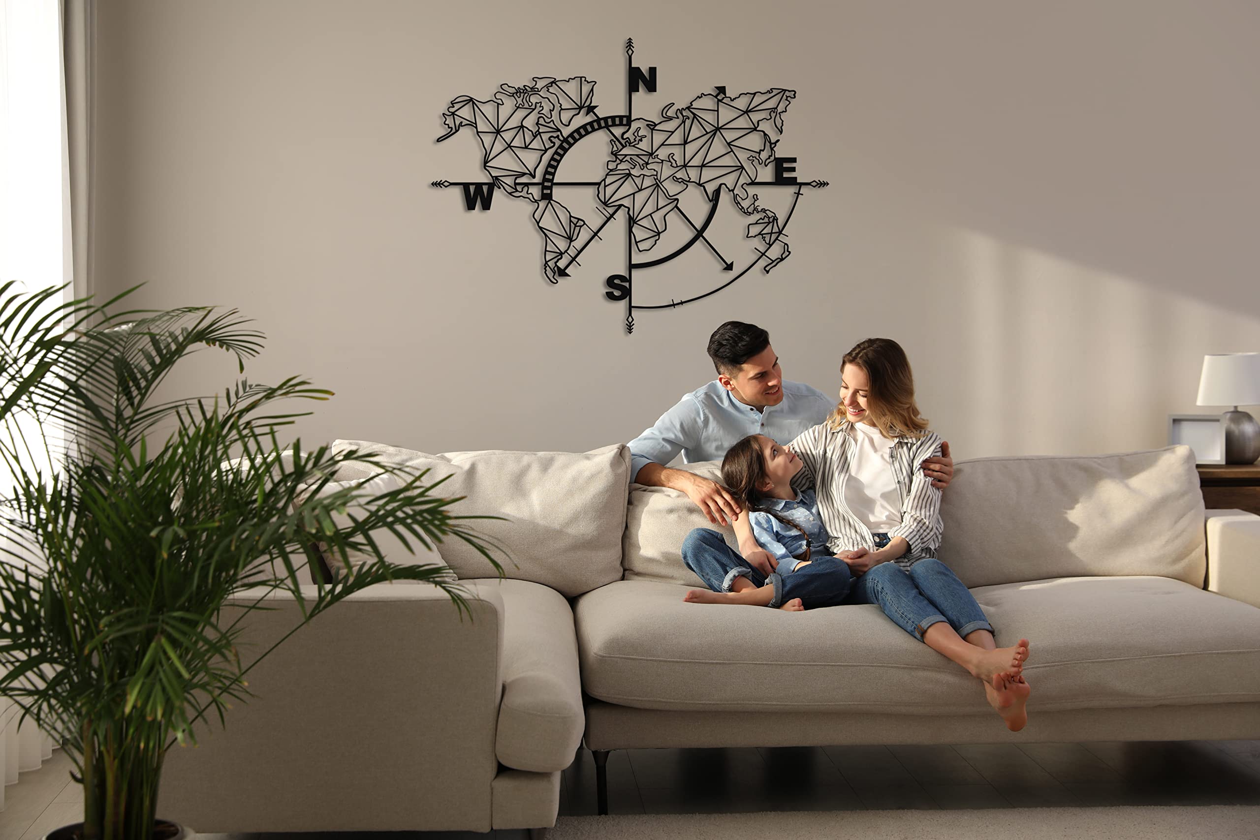 DEKADRON Modern Metal World Map Wall Art with Geometric Compass - Black 55