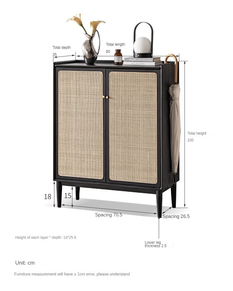 Oak Solid Wood Rattan Shoe Cabinet with Smoky Finish - Stylish Entryway Storage Organizer for Hallway, Living Room & Bedroom