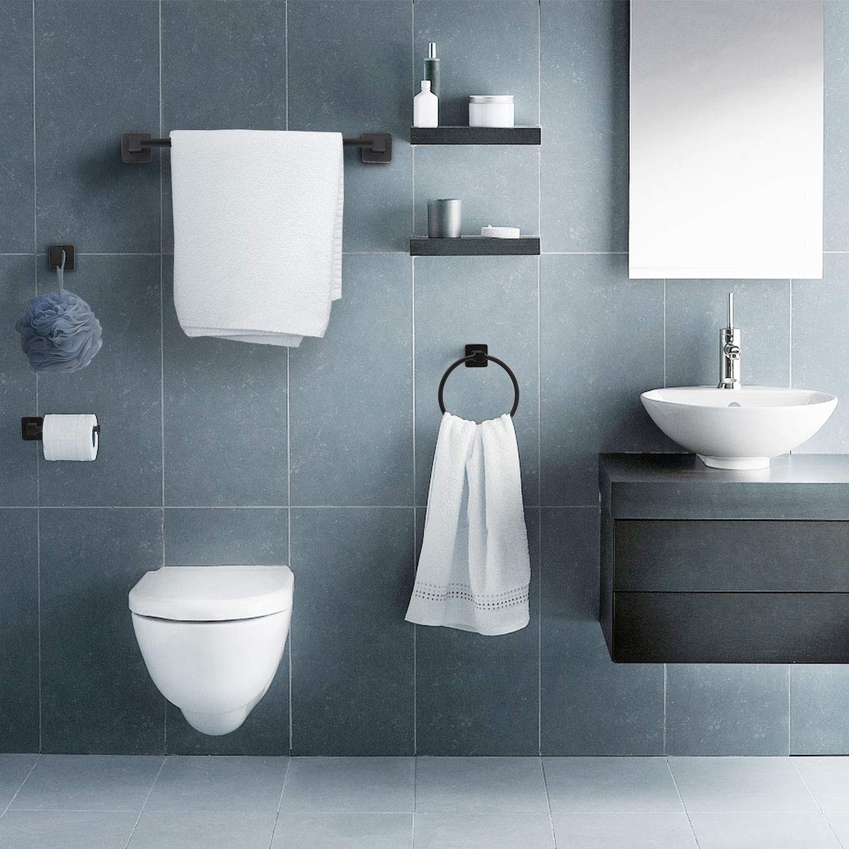 Matte Black Bathroom Hardware Set - 4 Piece Towel Bar Set with 17