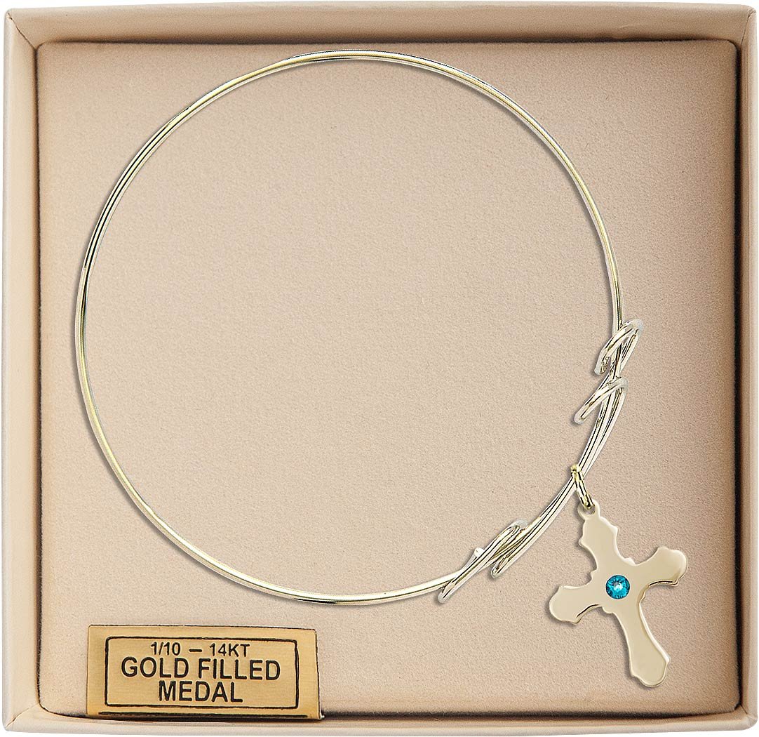 8 Inch Round Double Loop Bangle Bracelet with Cross Medal Charm & December Blue Crystal - Elegant Jewelry for Women, Gift for Christmas, Birthday, Anniversary, Party & Special Occasions