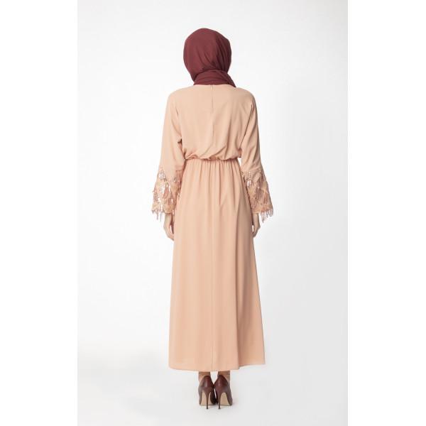 Elegant Abaci Modest Sequined Cocktail Dress 12956 in Salmon Pink - Perfect for Evening Parties, Weddings & Special Occasions