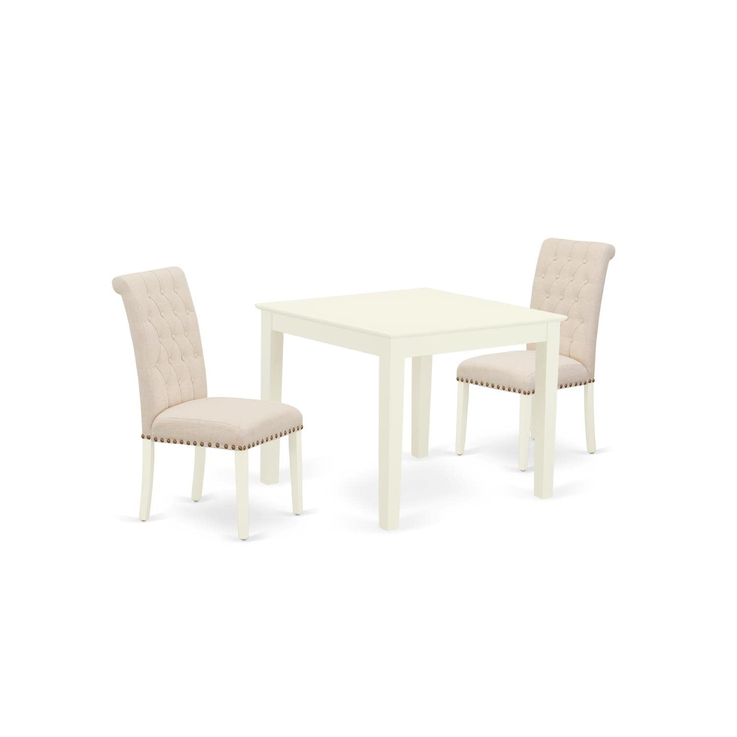 East West Furniture OXBR3-LWH-02 3-Piece Modern Dining Set - 36x36 Inch Square Table & 2 Light Beige Linen Parsons Chairs, White - Perfect for Small Spaces, Breakfast Nooks & Apartment Dining Rooms