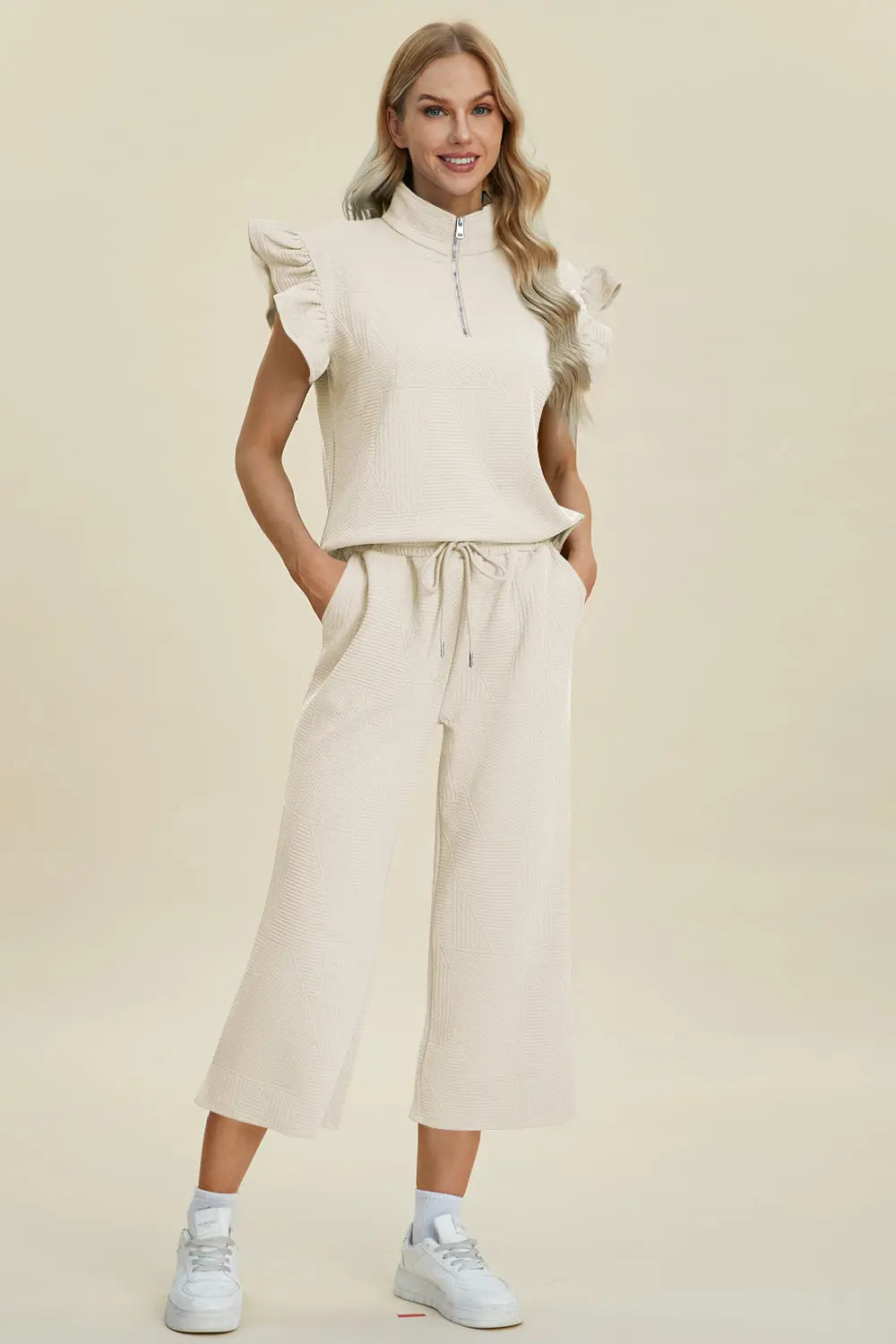 Double Take Women's Full Size Textured Ruffle Short Sleeve Top & Wide Leg Pants Set | Casual Outfit for Summer, Beach, Date Night & Office Wear
