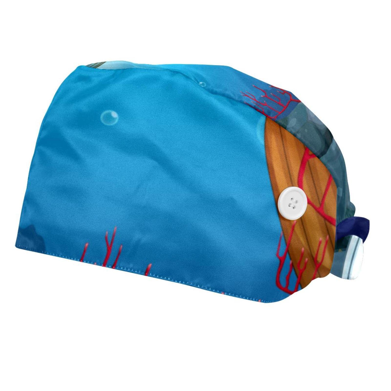 Adjustable Octopus & Shipwreck Design Working Cap with Buttons, Sweatband & Tie Back - Unisex Bouffant Hat for Men & Women - Perfect for Outdoor Work, Cosplay & Themed Parties