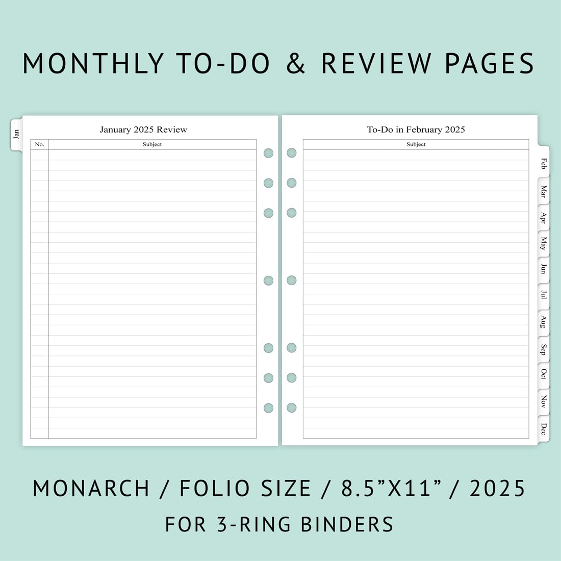 Newestor 2025 Monthly Planner Refill for 3 Ring Binder - January to December 2025 Calendar with Two Pages Per Month - 8.5