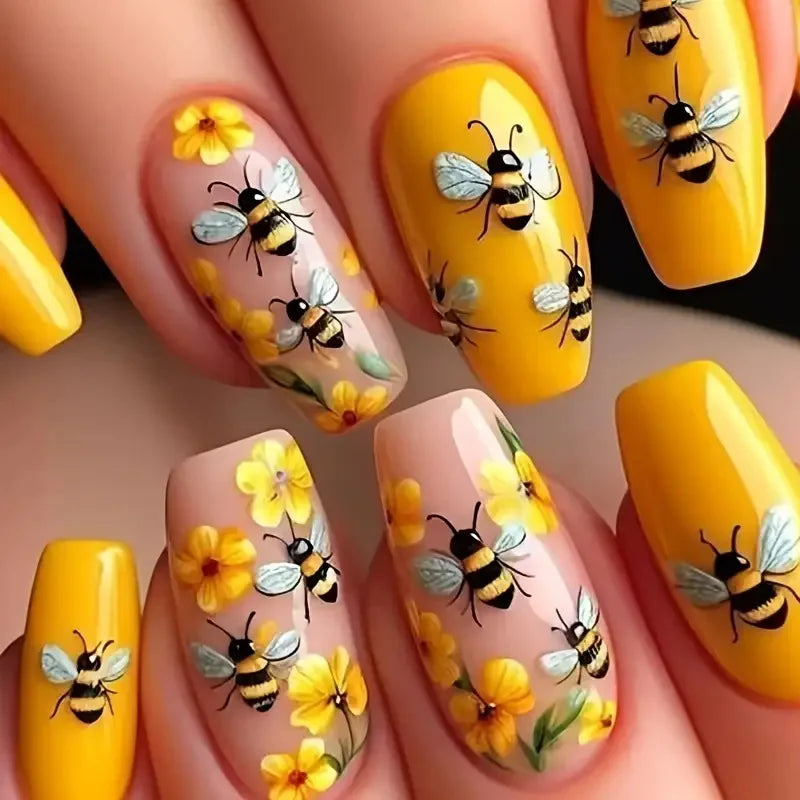24Pcs Medium Length Ballet Fake Nails - Full Cover Yellow Cute Bee Design with Glue - French Manicure Tips with Colorful Flowers - Perfect for Parties, Weddings & Daily Wear