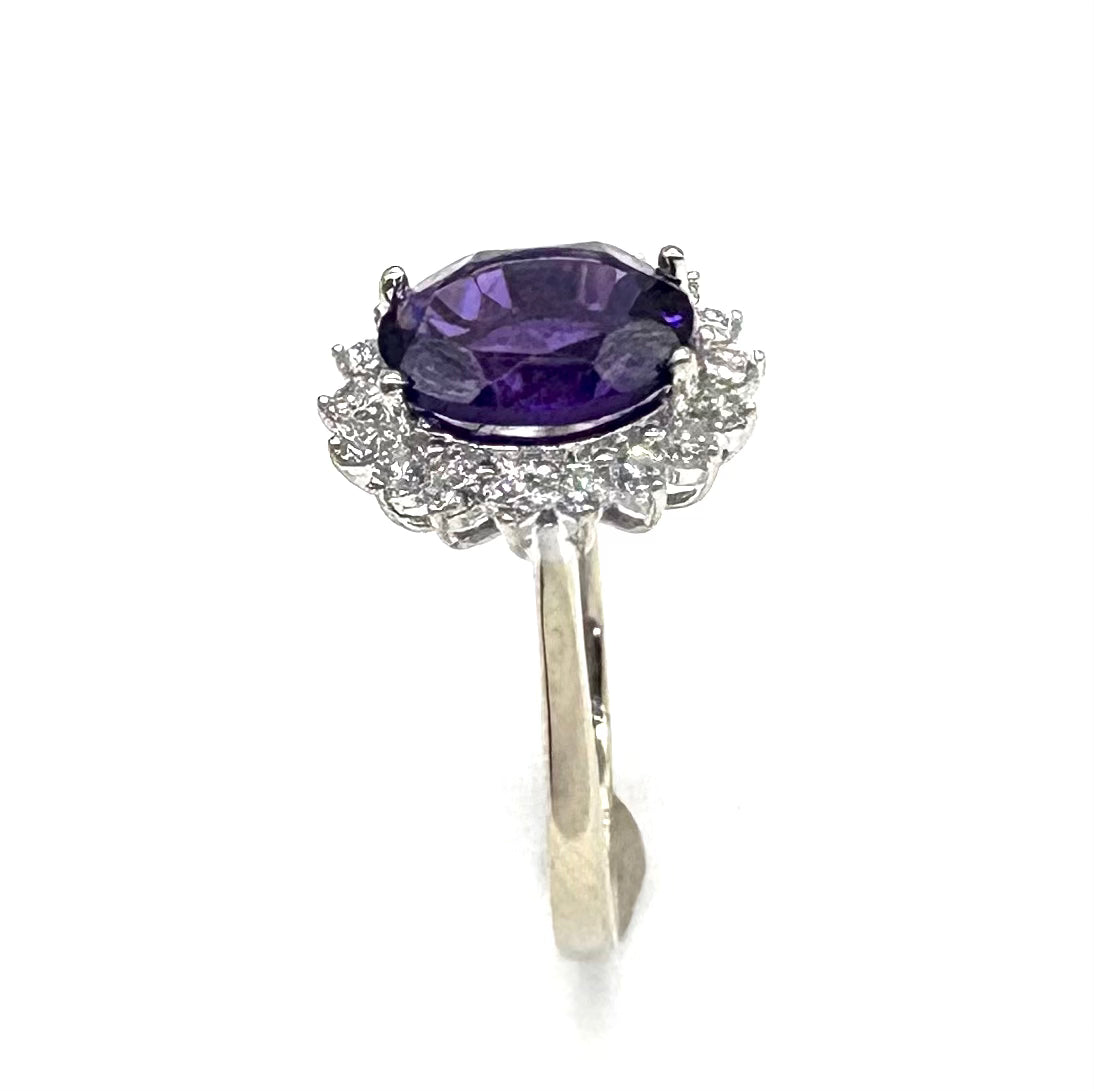 14K Gold Amethyst and Diamond Halo Ring for Women – Elegant Purple Gemstone Engagement & Wedding Jewelry Gift – Perfect for Valentine's Day, Anniversary & Special Occasions