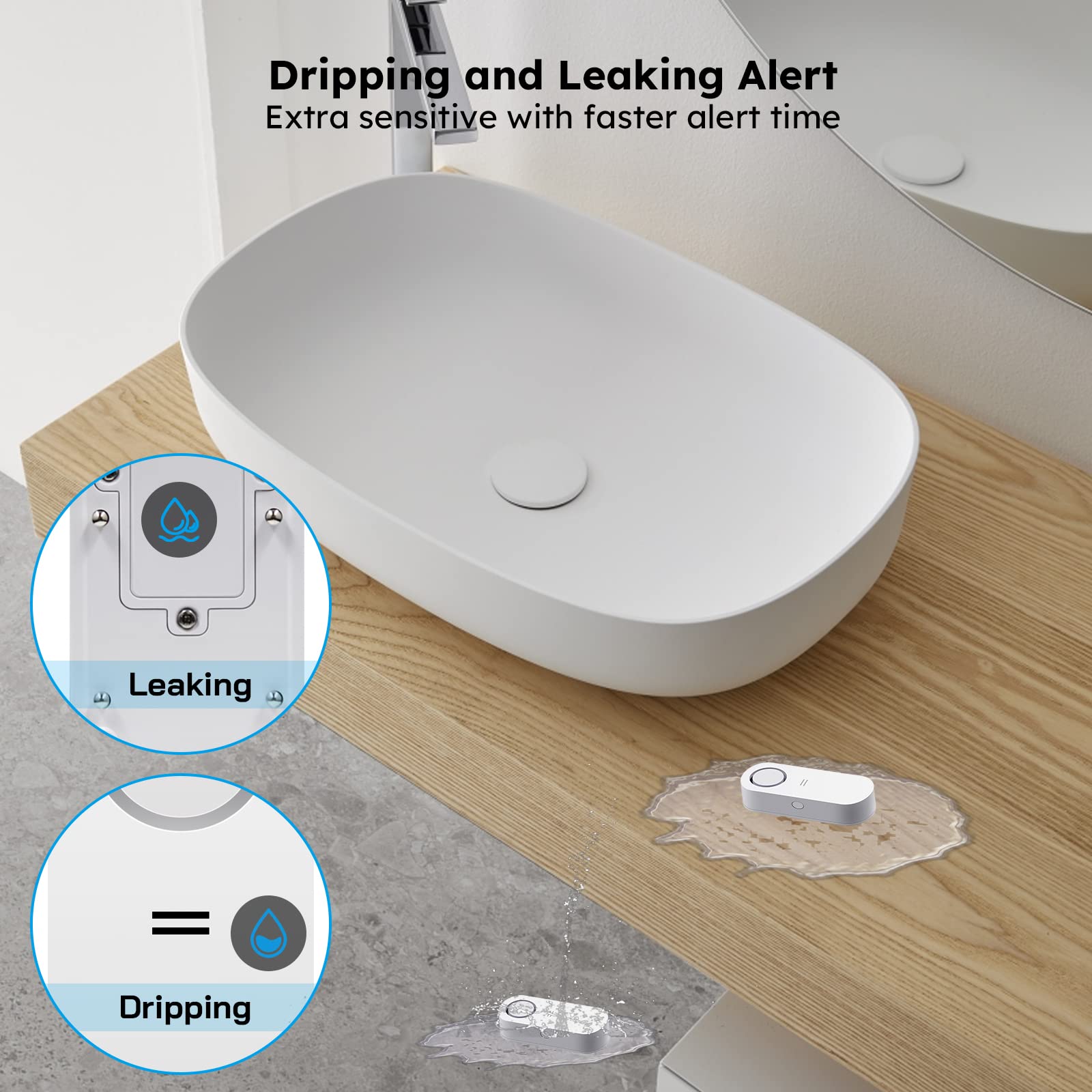 4 Pack WiFi Water Leak Detectors with 120dB Loud Alarm - Smart Leak Sensor for Home, Kitchen, Bathroom & Basement - Drip Alert System for Laundry & Bedrooms (5G WiFi Not Supported) by OUVOPO - Prevent Flood Damage & Protect Your Property