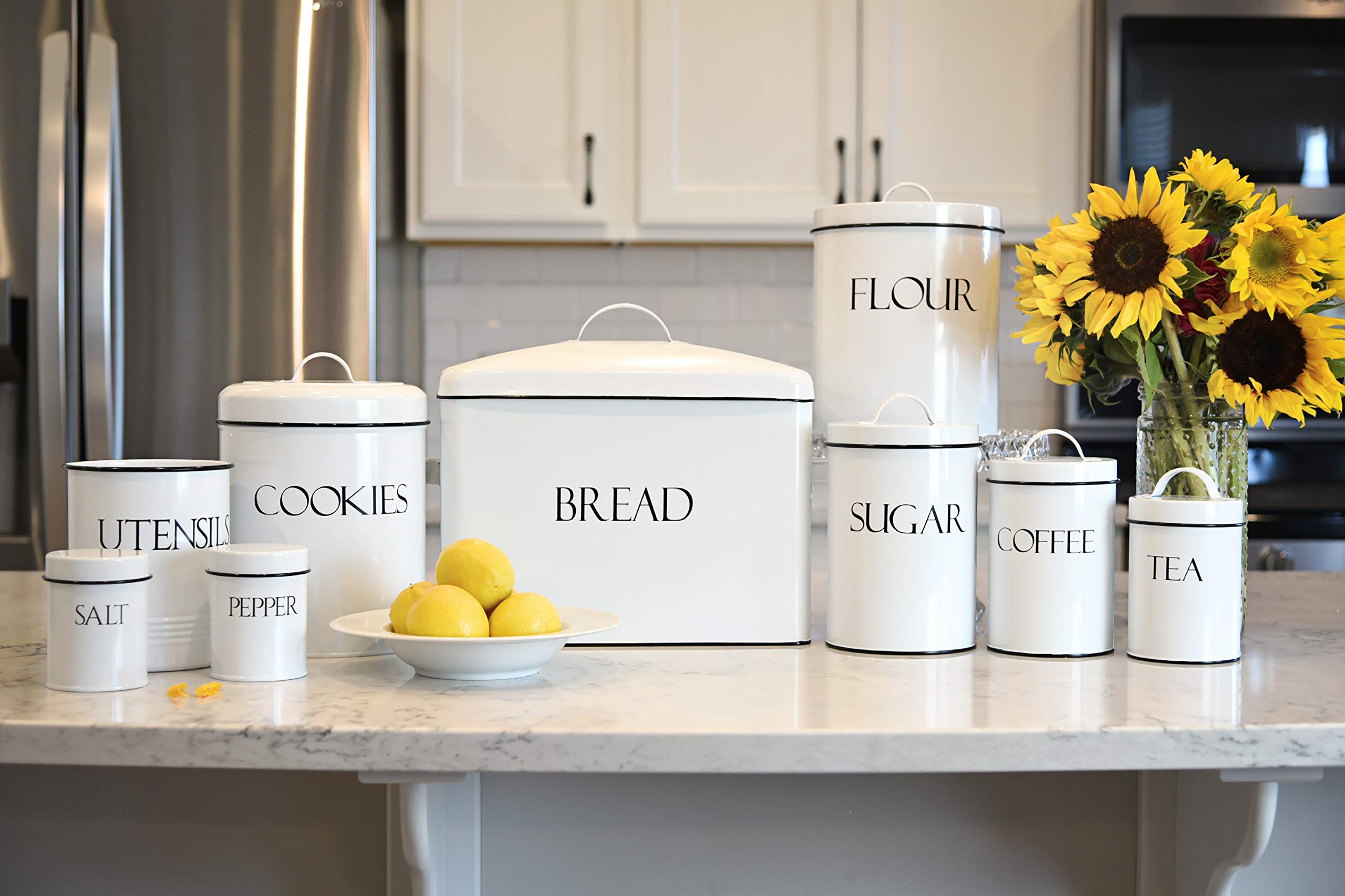 Vintage Farmhouse White Kitchen Countertop Storage Containers - Airtight Food Canisters for Flour, Sugar, Coffee & Dry Goods - Perfect for Pantry Organization & Rustic Home Decor