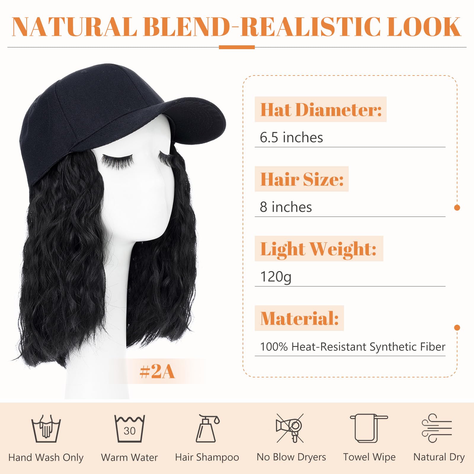 Adjustable Baseball Cap Wig for Women - Synthetic Short Wave Hair Hat (8 Inch, Natural Black) - Perfect for Daily Wear, Cosplay, and Hair Loss Solutions