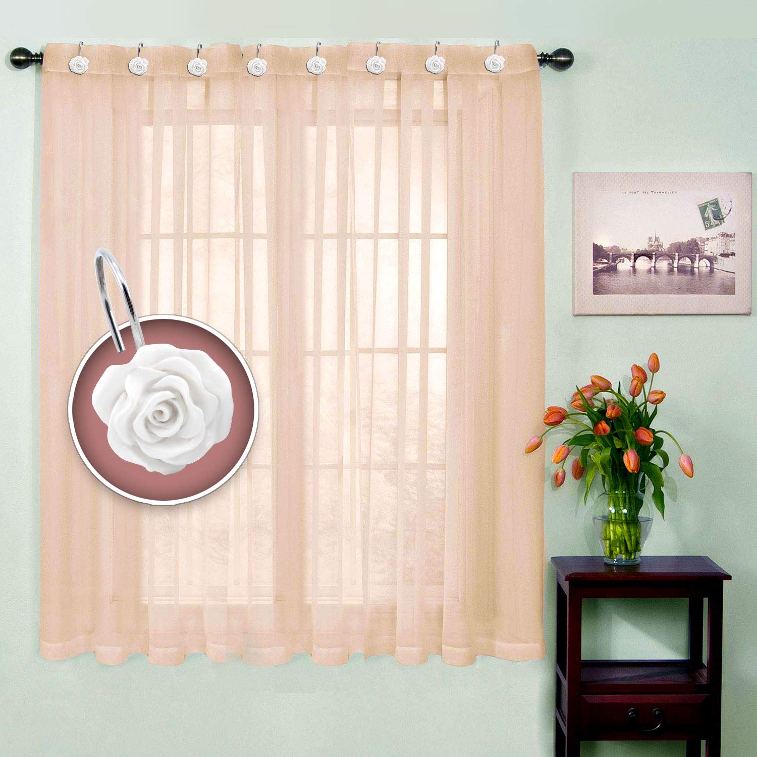 BEAVO 12 Pack Rustproof Resin Rose Flower Shower Curtain Hooks - Decorative Bathroom Accessories for Shower Rods & Curtains, White - Perfect for Home, Hotel, and Spa Decor