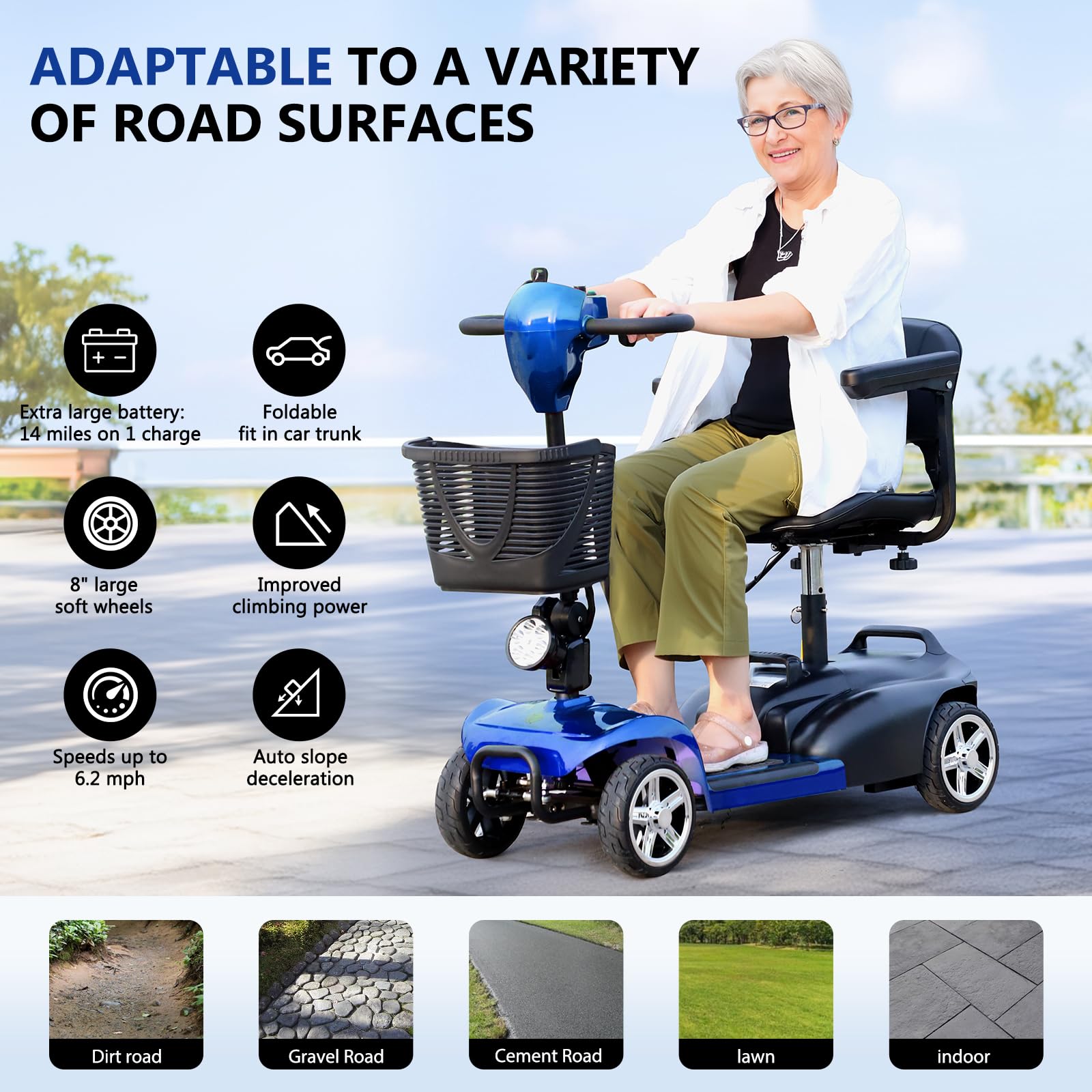 Foldable 4 Wheel Mobility Scooters for Adults & Seniors - 265 lbs Weight Capacity, 14 Miles Range, 5 MPH Speed - Extended Battery with Charger, Basket & LED Light (Blue) - Ideal for Shopping, Travel & Outdoor Activities