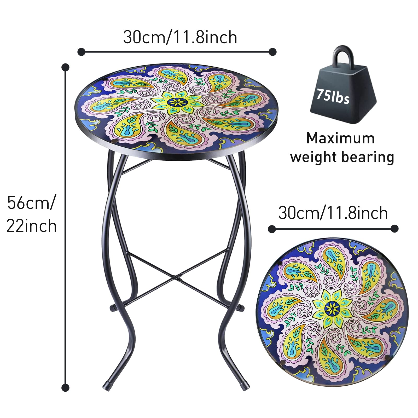 14 Inch Round Glass Mosaic Side Table with Purple Flower Design - Outdoor Patio Coffee Table for Living Room, Balcony & Garden - Perfect for Tea Time, Plant Display & Relaxing Moments