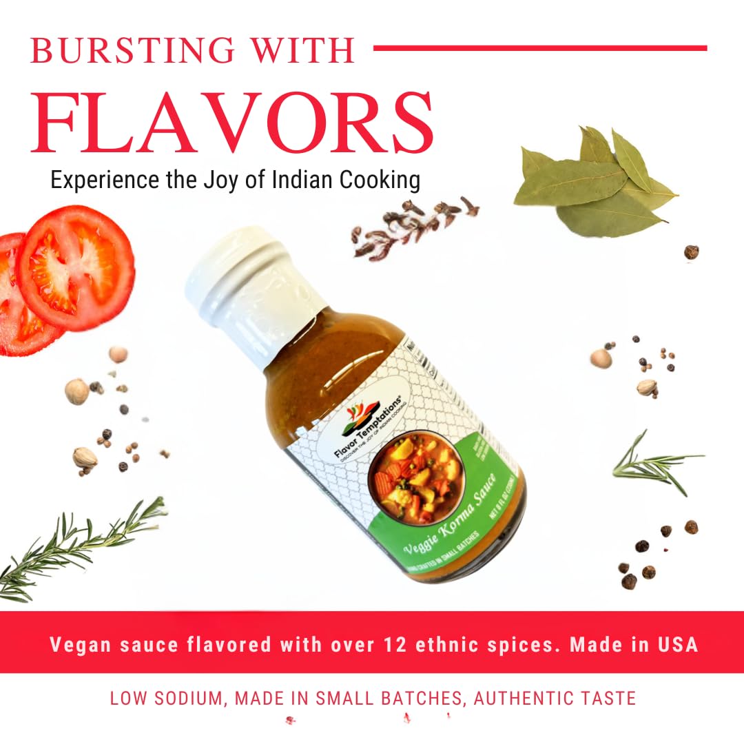 Flavor Temptations Organic Veggie Korma Indian Curry Simmer Sauce | Vegan, Gluten-Free, Low Sodium Authentic Indian Cooking Sauce | 8 FL Oz Glass Jar | Perfect for Vegan Meals, Dinner Parties & Meal Prep