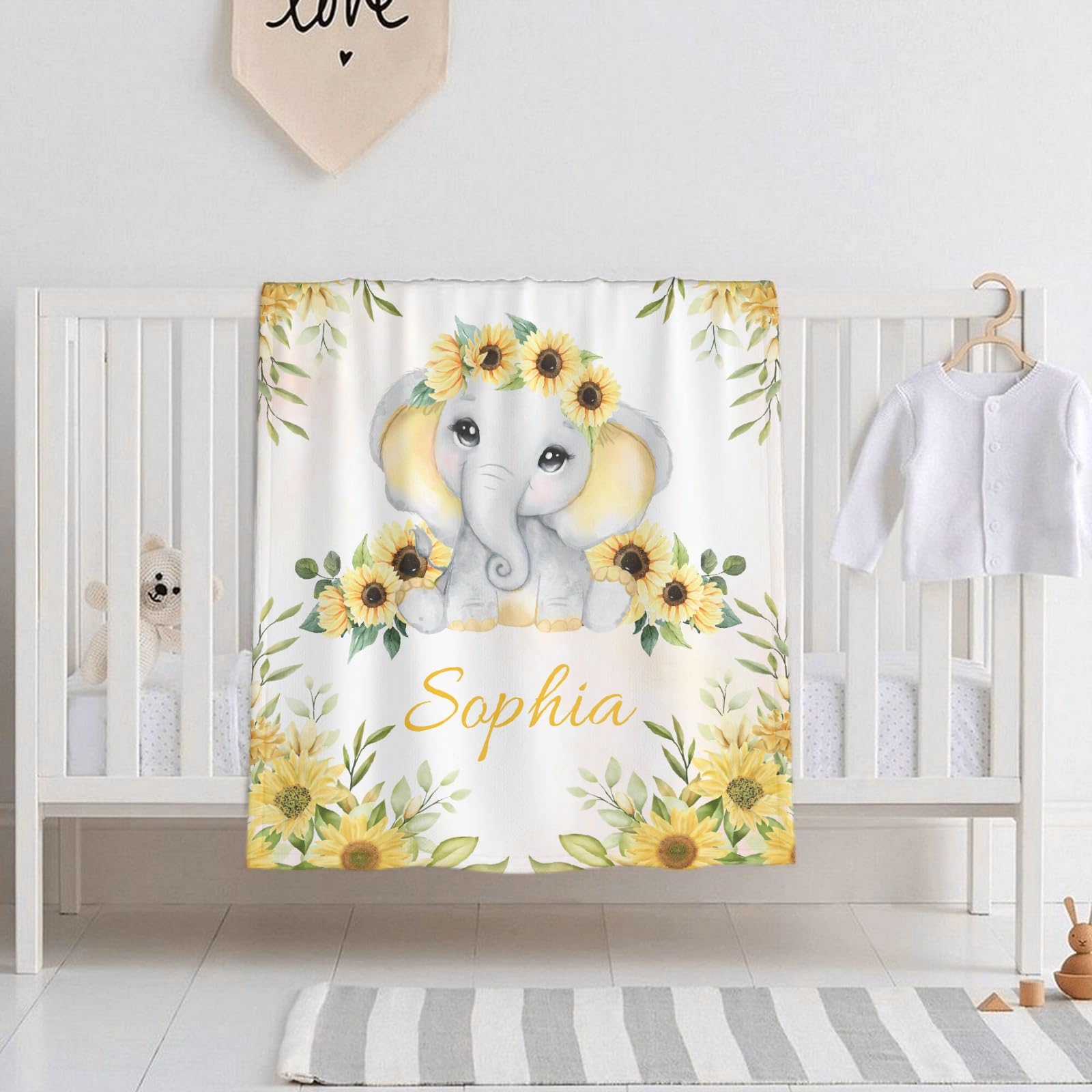 Personalized Baby Blanket with Name - Custom Sunflower Elephant Fleece Throw for Boys & Girls - Soft Cozy Plush Quilt for Nursery, Crib & Family Gifts - Perfect for Baby Showers, Birthdays & Newborn Photos